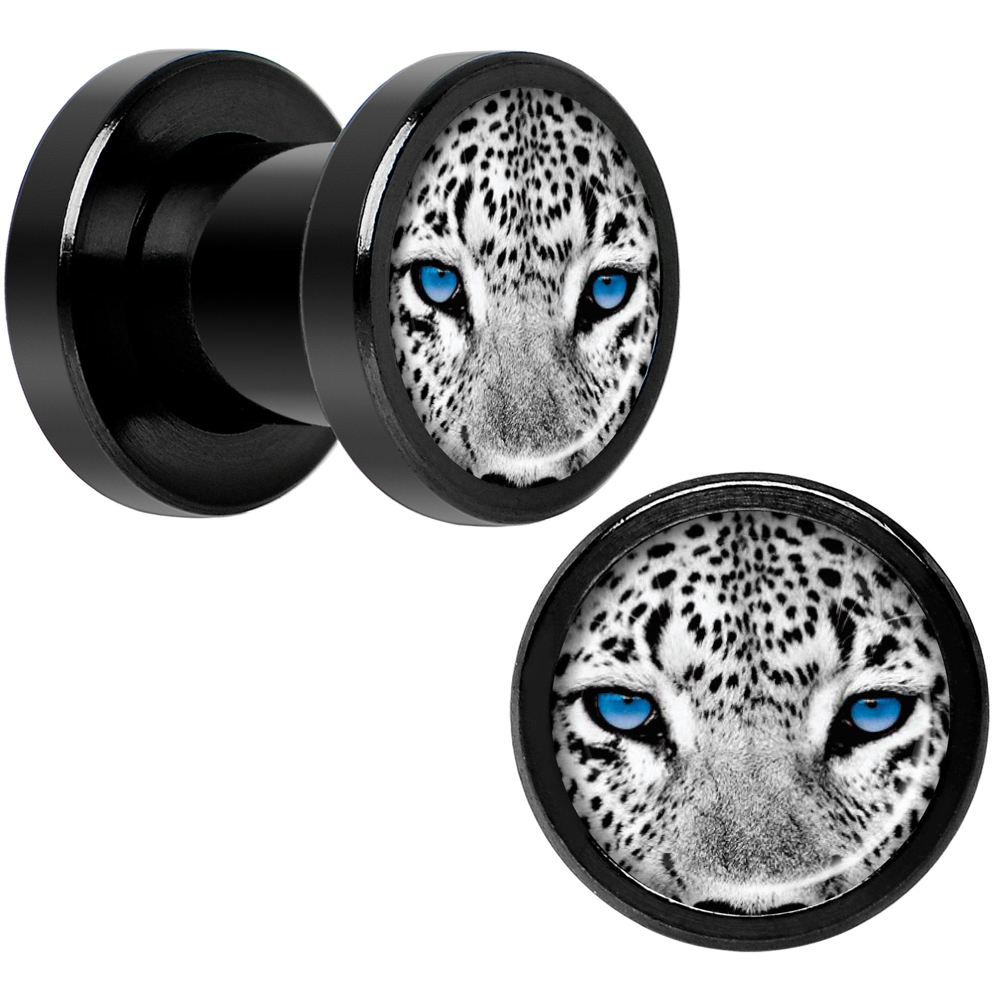 Black White Leopard Eyes Black Anodized Screw Fit Plug Set 2 Gauge