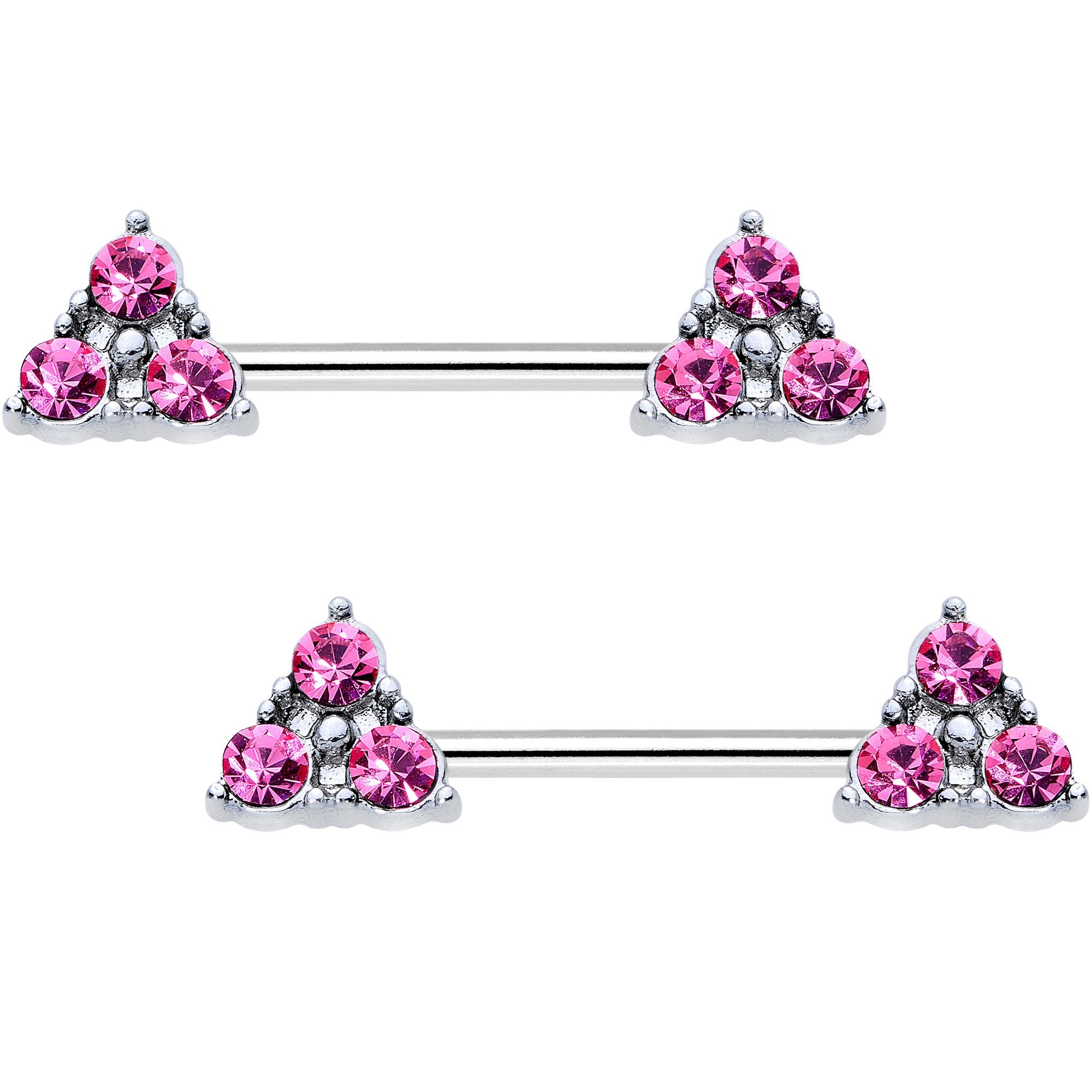 3/8 Pink Gem Pyramid Trio Barbell Nipple Ring Set