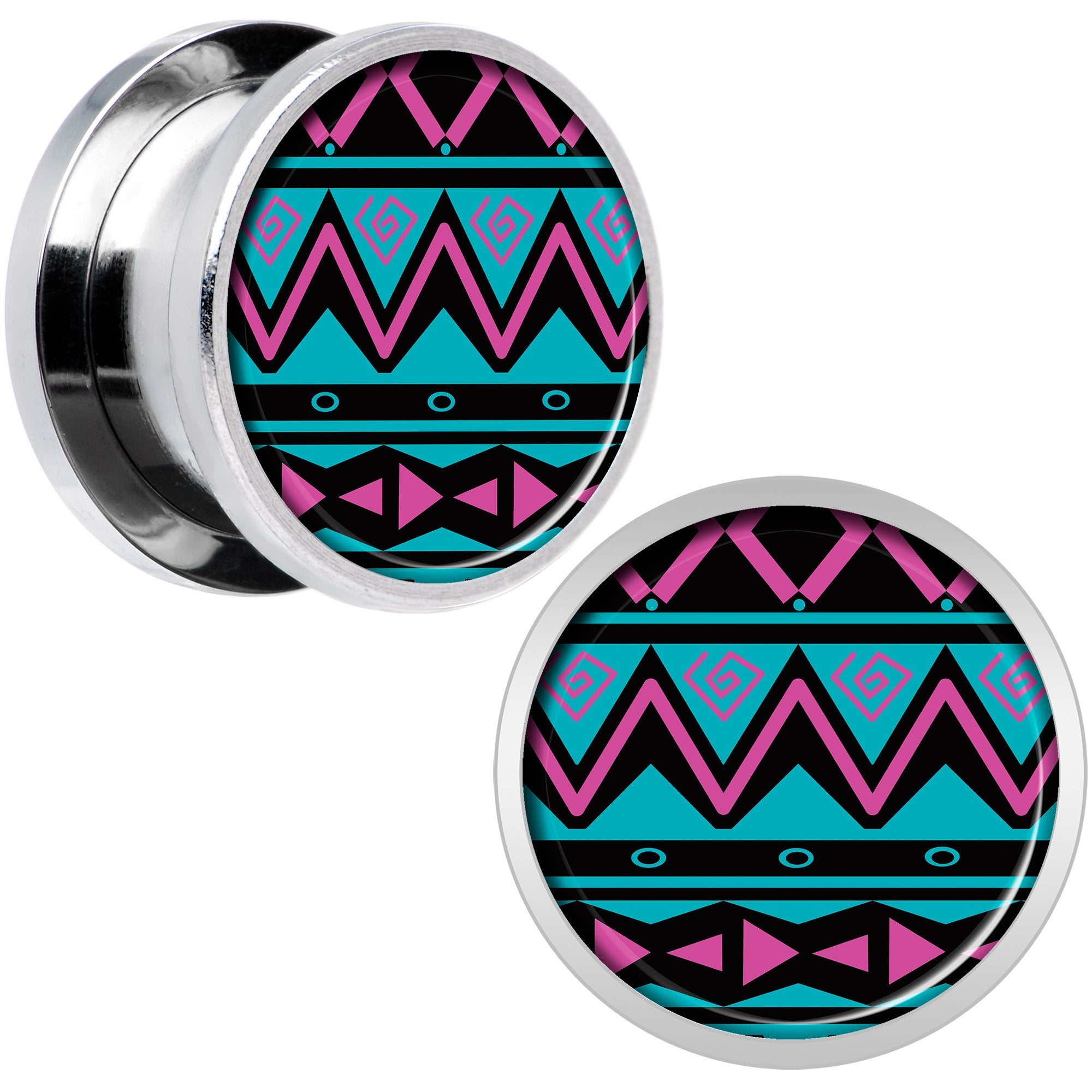 Pink Teal Tribal Print Steel Screw Fit Plug Set 9/16