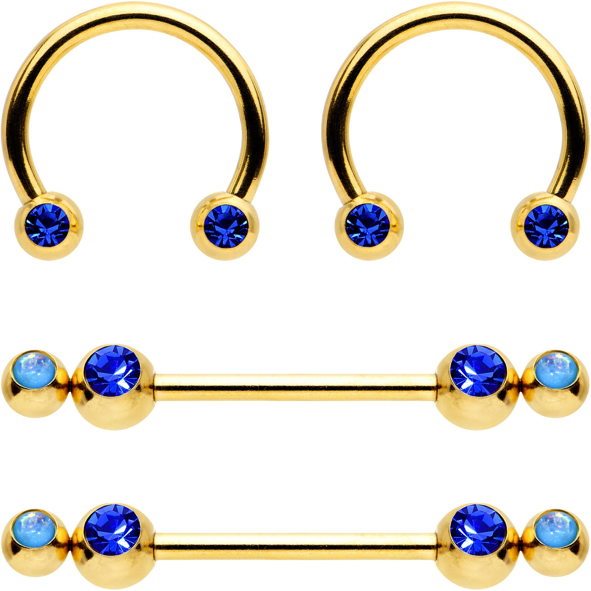 14 Gauge Blue Faux Opal Duo Gold Hue Horseshoe Barbell Nipple Ring Set