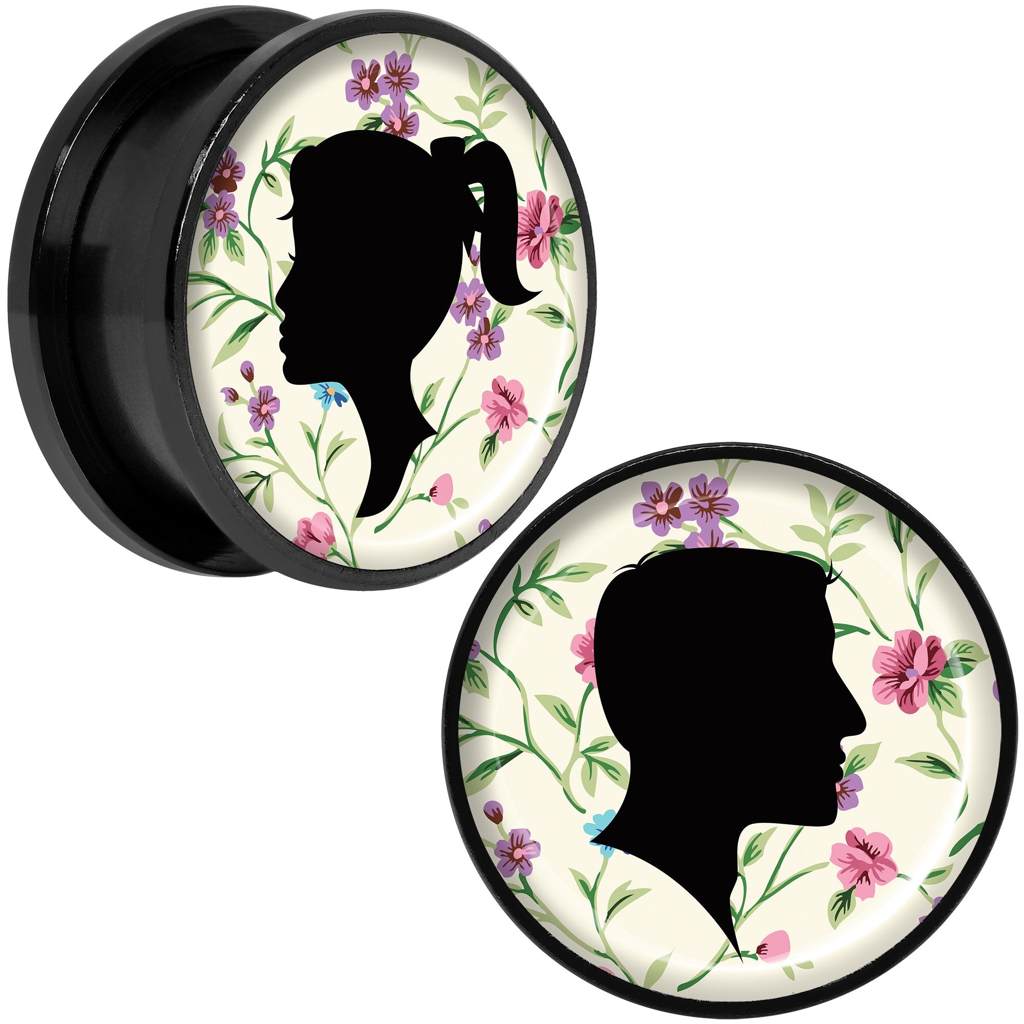 Man Woman Floral Silhouette Black Anodized Screw Fit Plug Set 20mm