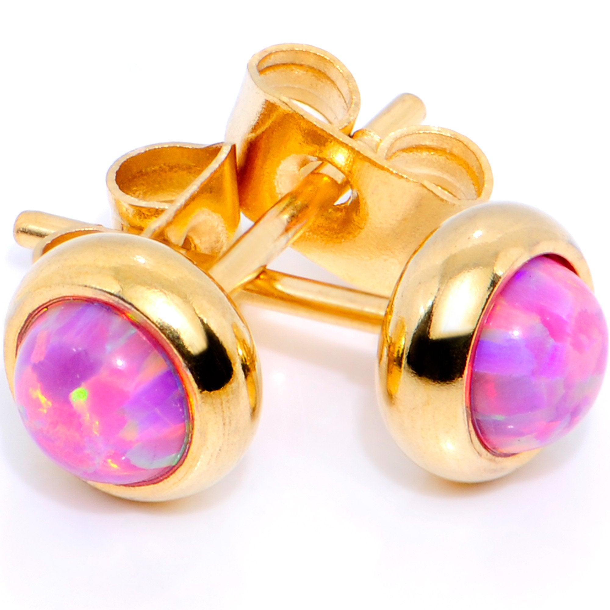 Pink Synthetic Opal Gold IP 316L Surgical Steel Stud Earrings