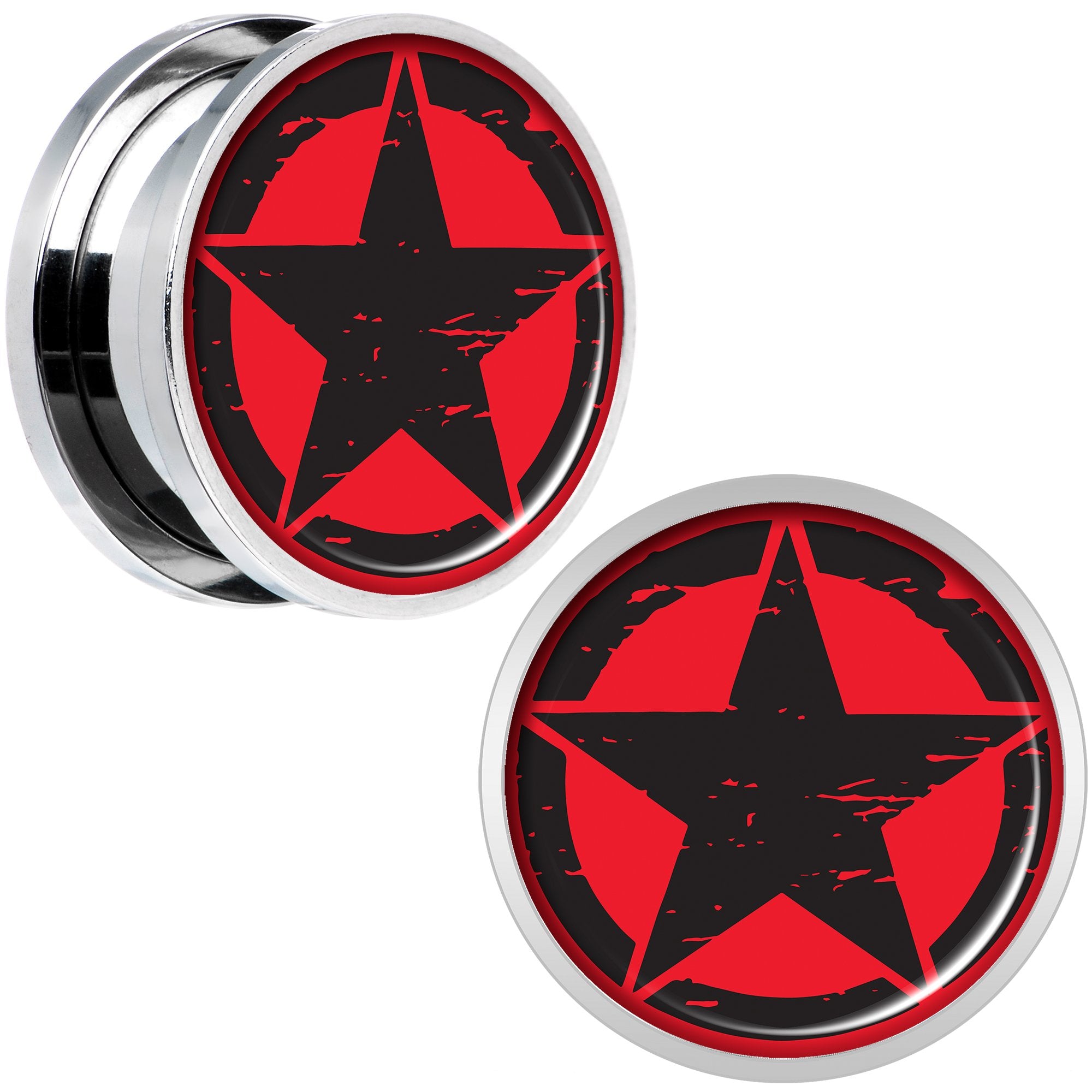 Black Red Distressed Star Steel Screw Fit Plug Set 18mm