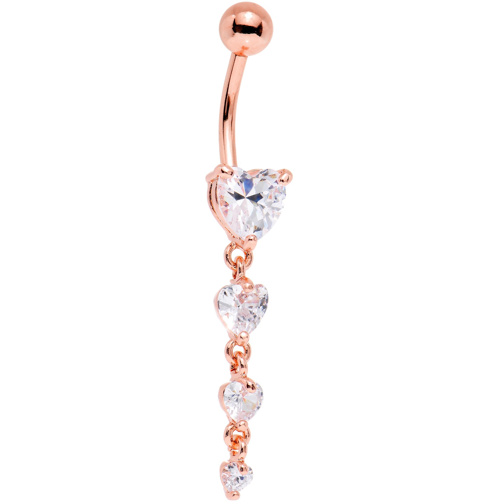 Clear Gem Rose Gold PVD Stunning Heart Strand Dangle Belly Ring