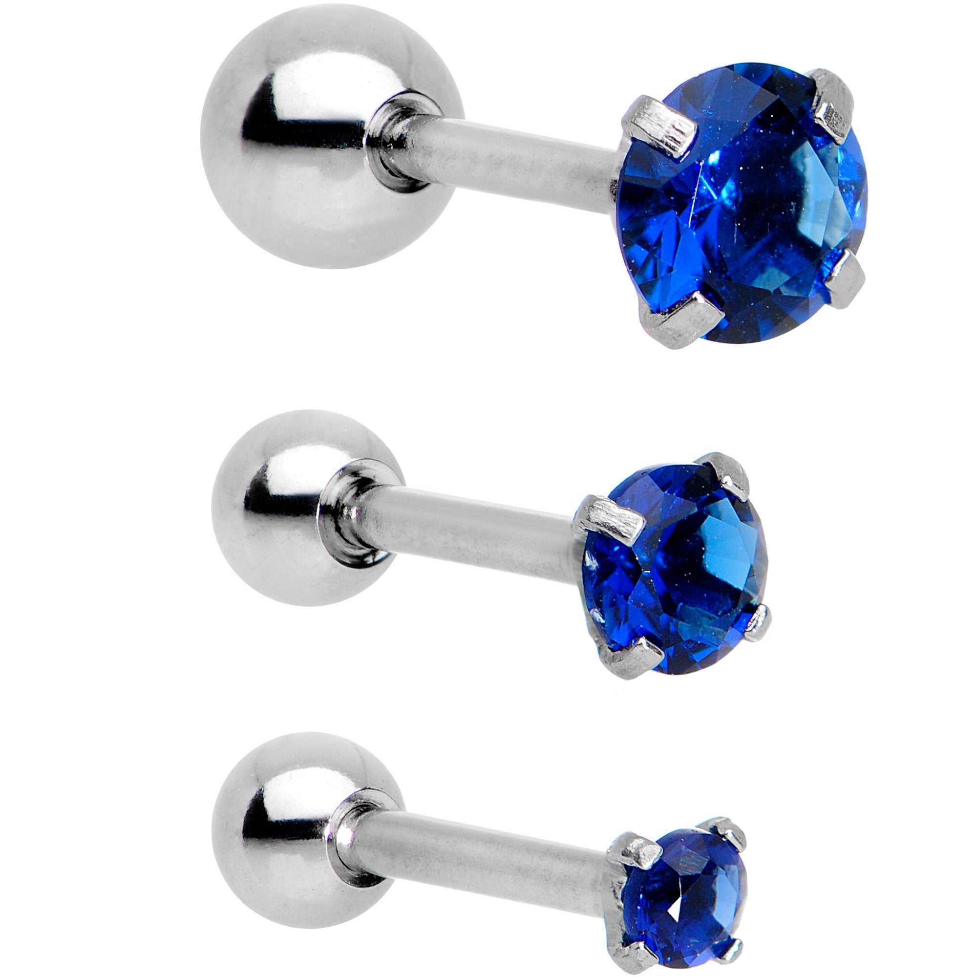 18 Gauge 1/4 Blue CZ Gem Tragus Cartilage Earring 3 Pack Set