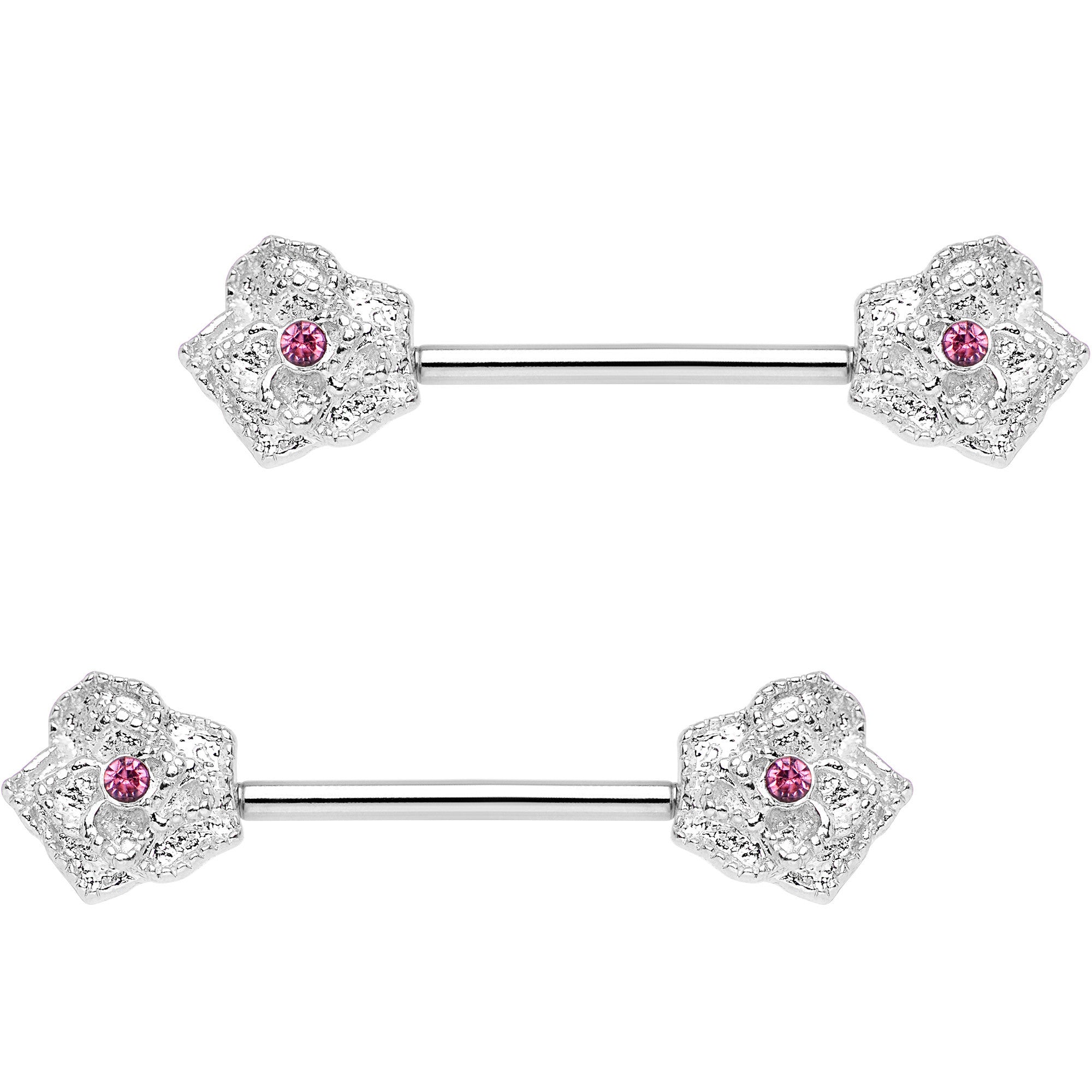 5/8 Pink Gem Geranium Flower Barbell Nipple Ring Set