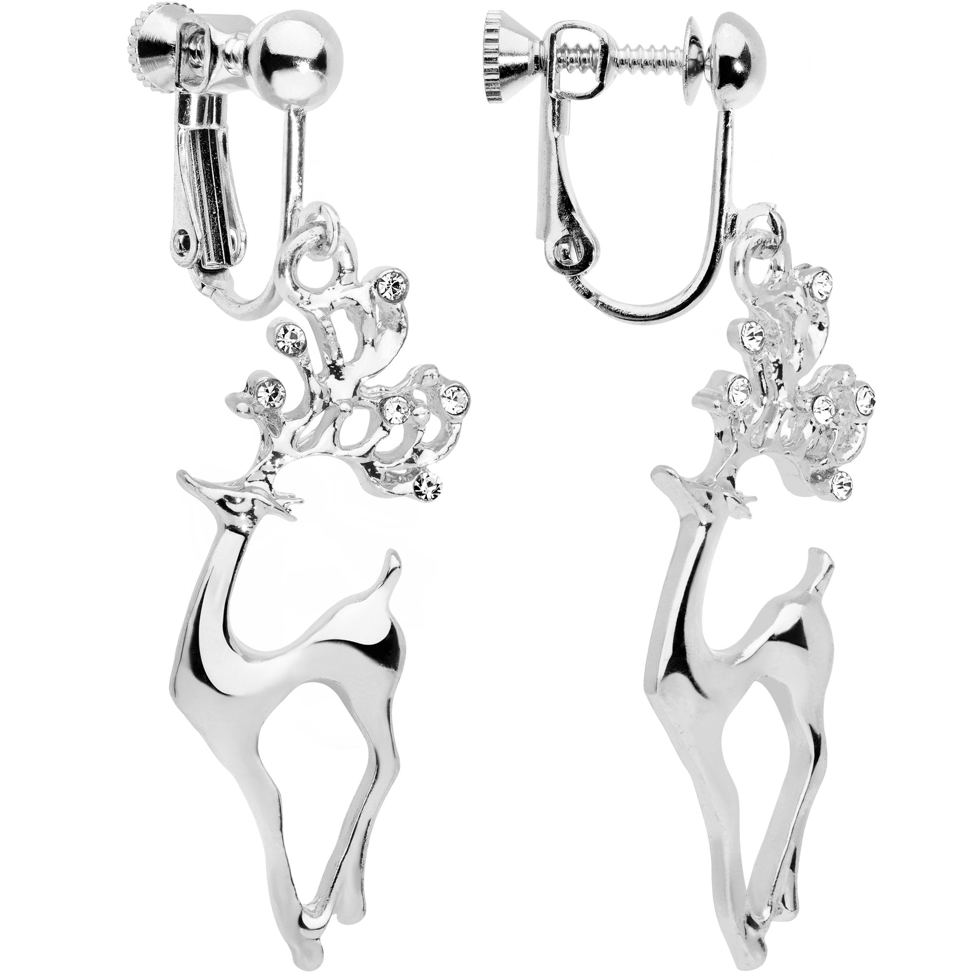 Clear CZ Gem Silver Plated Prancing Reindeer Clip On Earrings