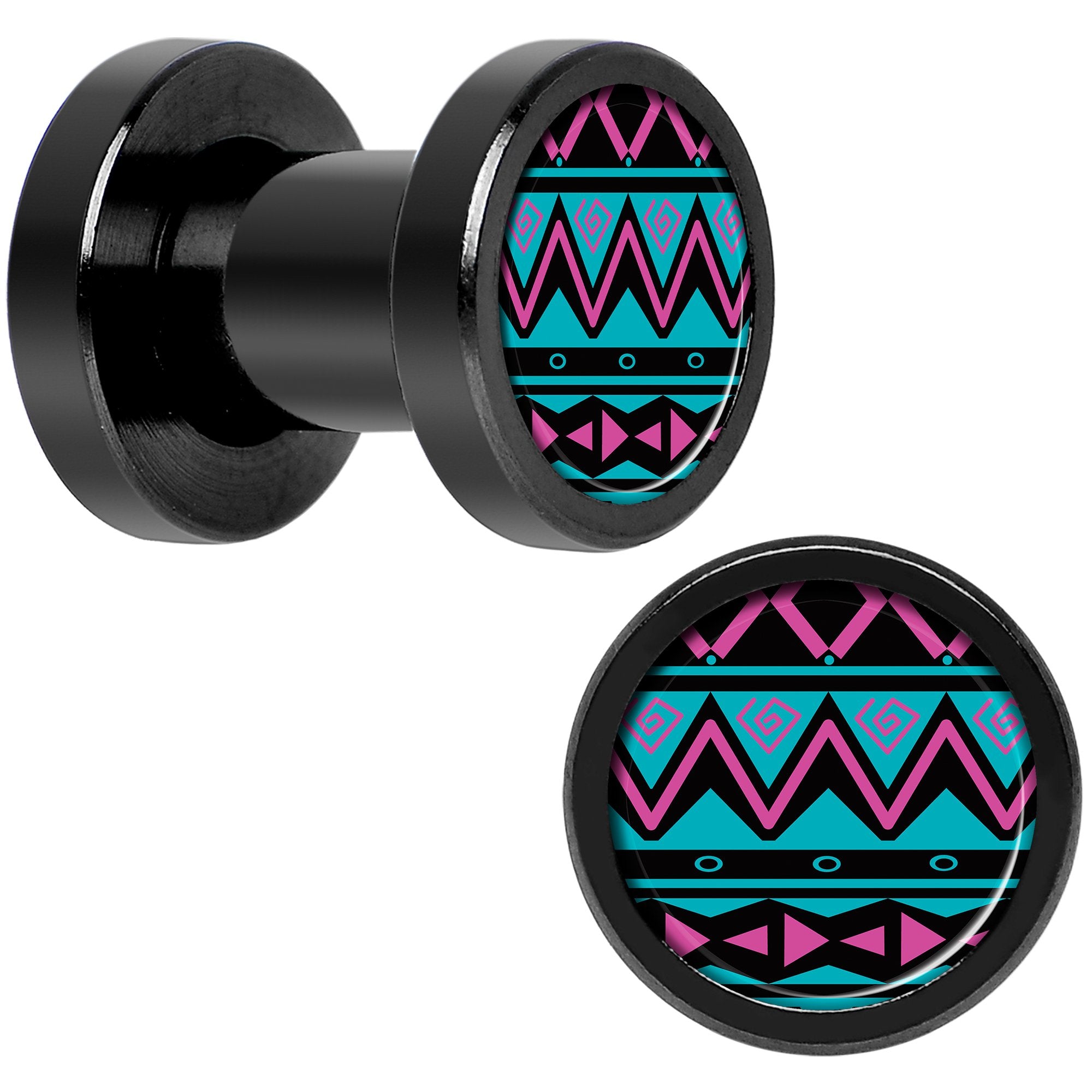 Pink Teal Tribal Print Black Anodized Screw Fit Plug Set 4 Gauge