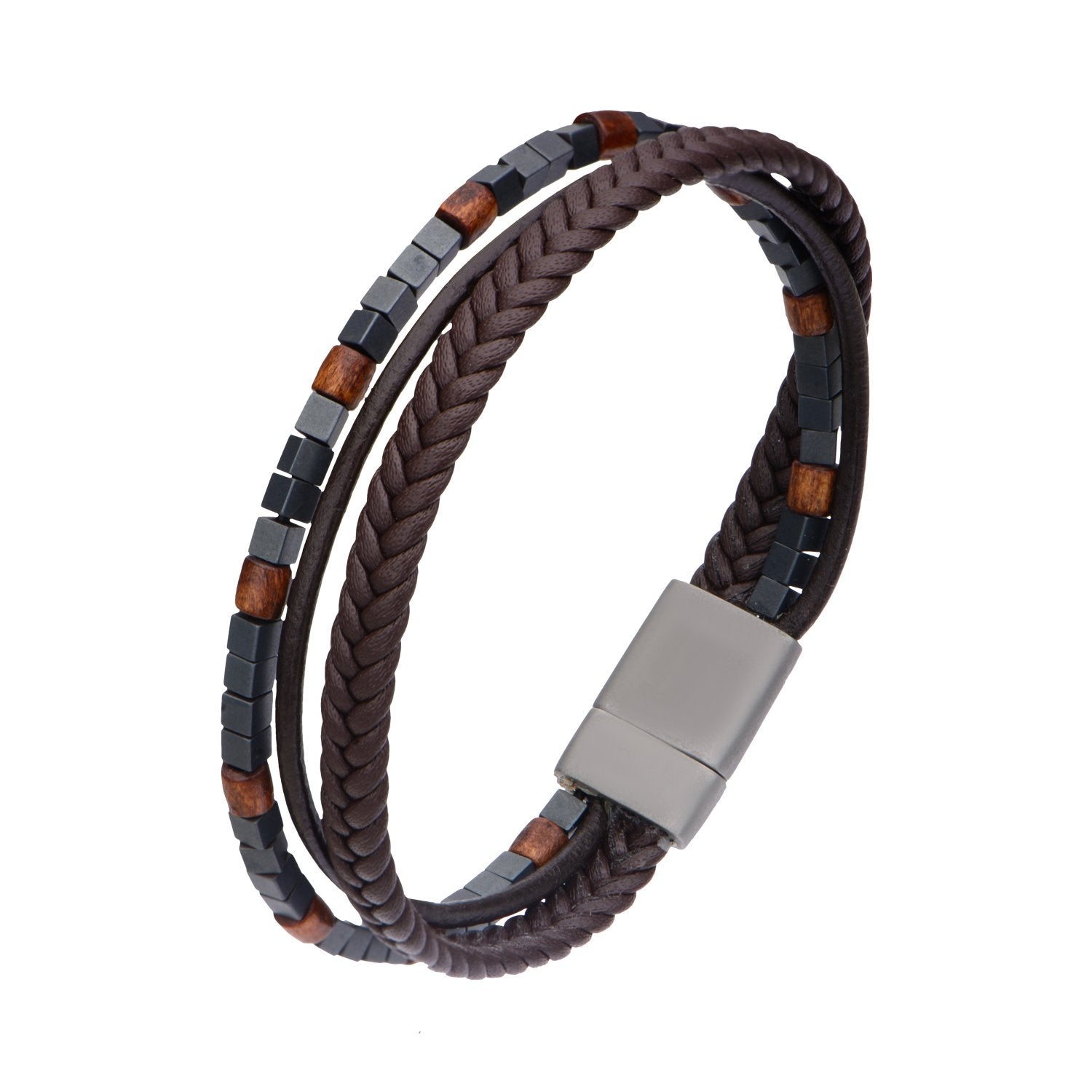 Mens Brown Braided Leather and Beads Layered 12.5mm Bracelet