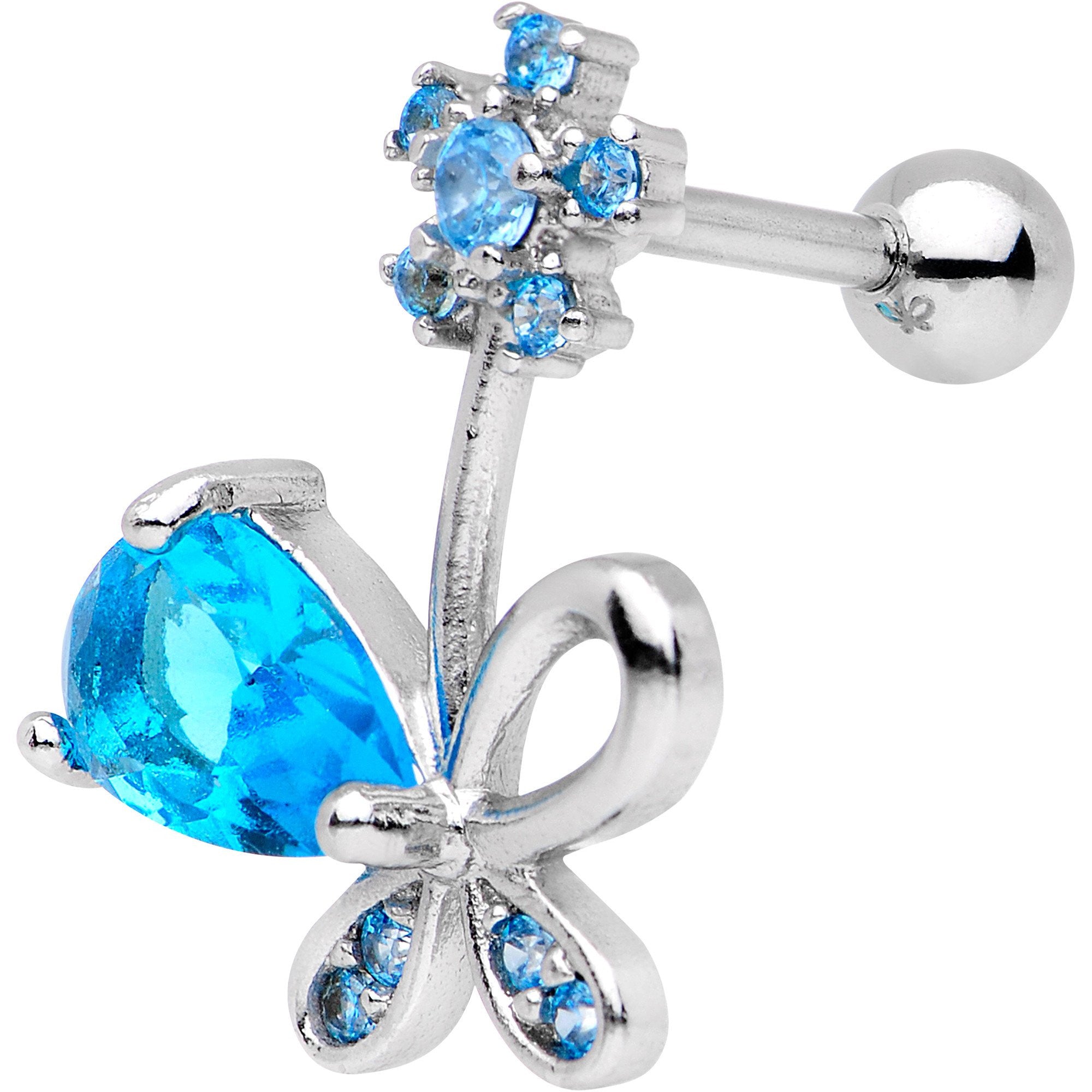 Blue CZ Gem Glamour Bow Left Cartilage Tragus Earring