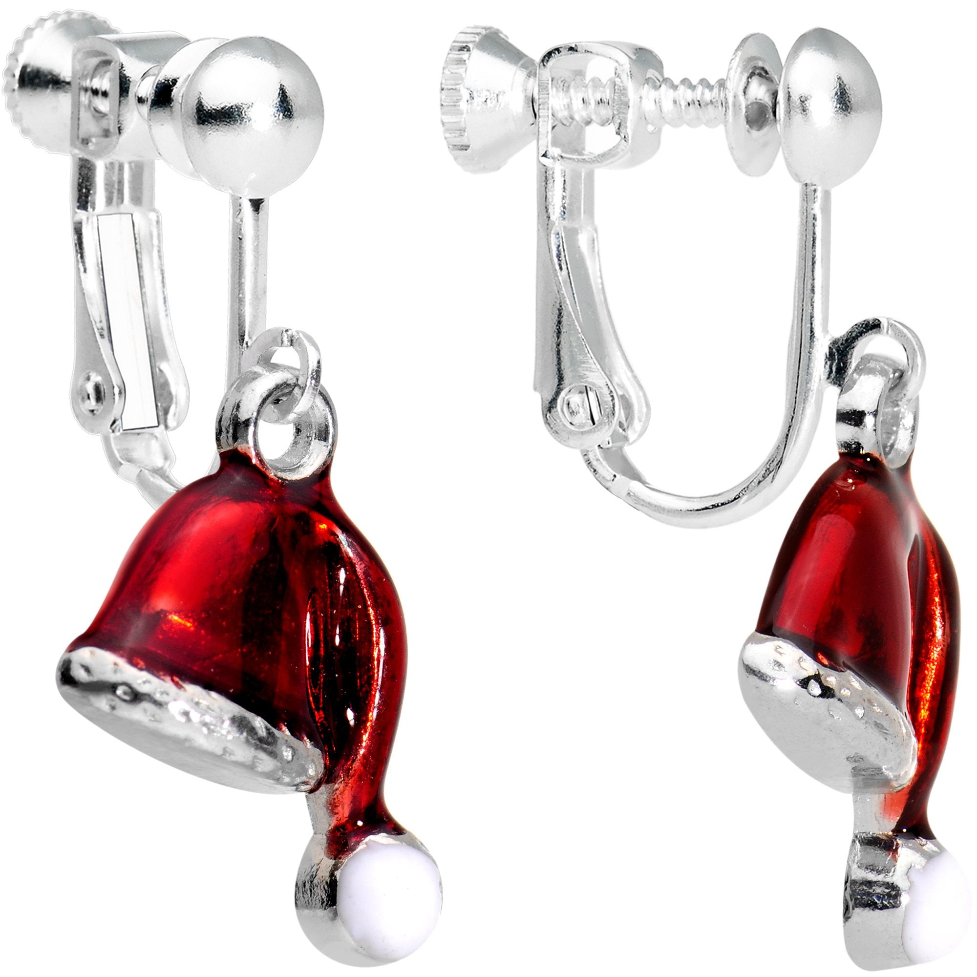 Silver Plated Red Santa Cap Christmas Clip On Earrings