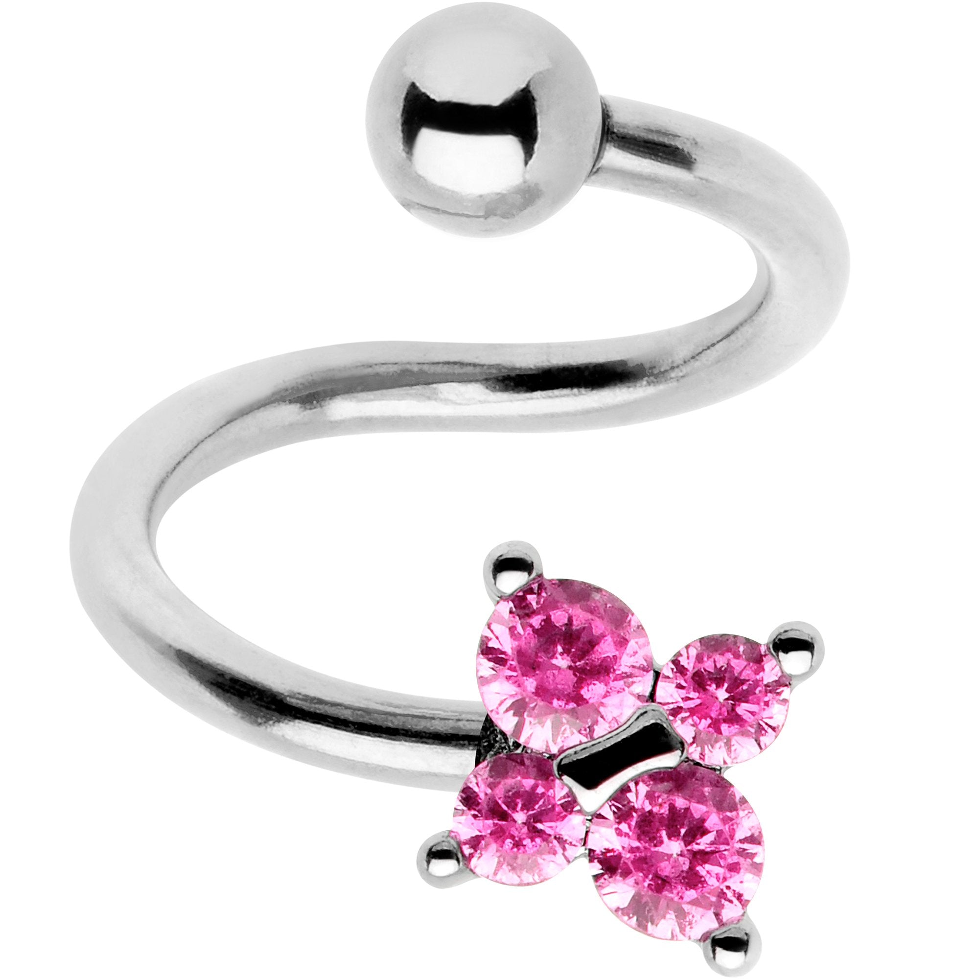 Pink CZ Gem Flower Cluster Spiral Twister Top Mount Belly Ring