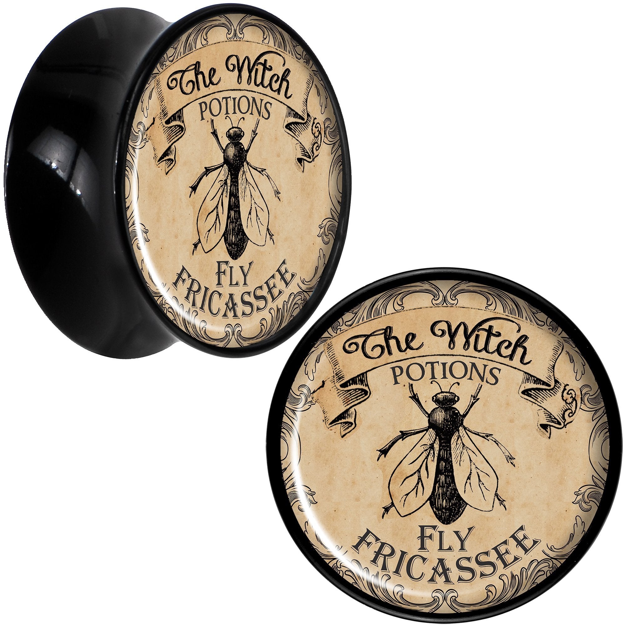 Witches Brew Fly Fricassee Halloween Black Acrylic Plug Sizes 0 Gauge to 20mm