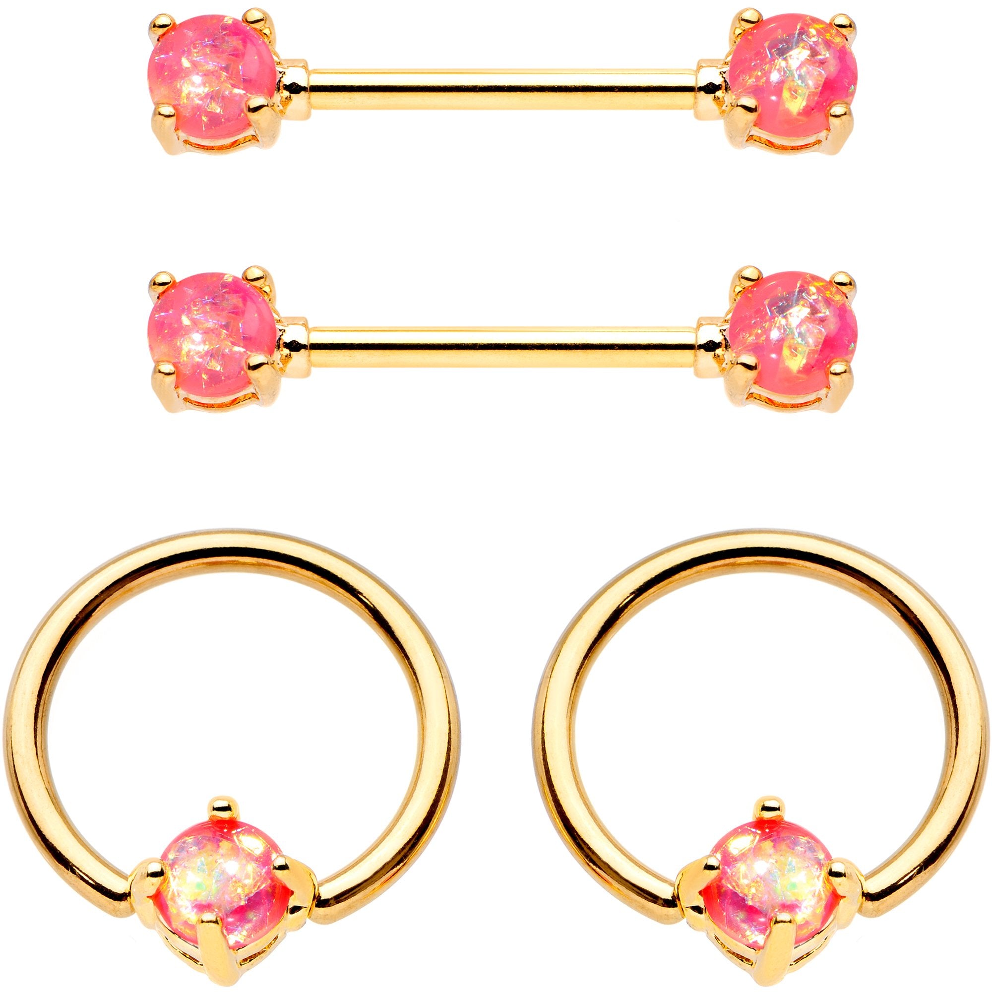 Pink Faux Opal Gold Tone Captive Ring Straight Barbell Nipple Ring Set