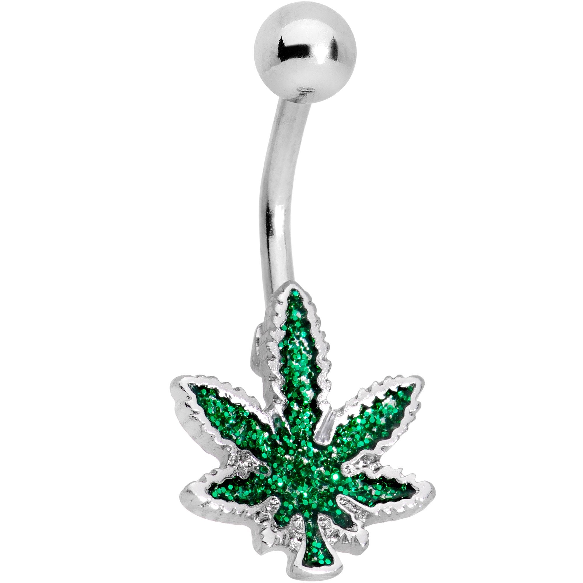 Green Glitter Great Ganja Leaf Belly Ring