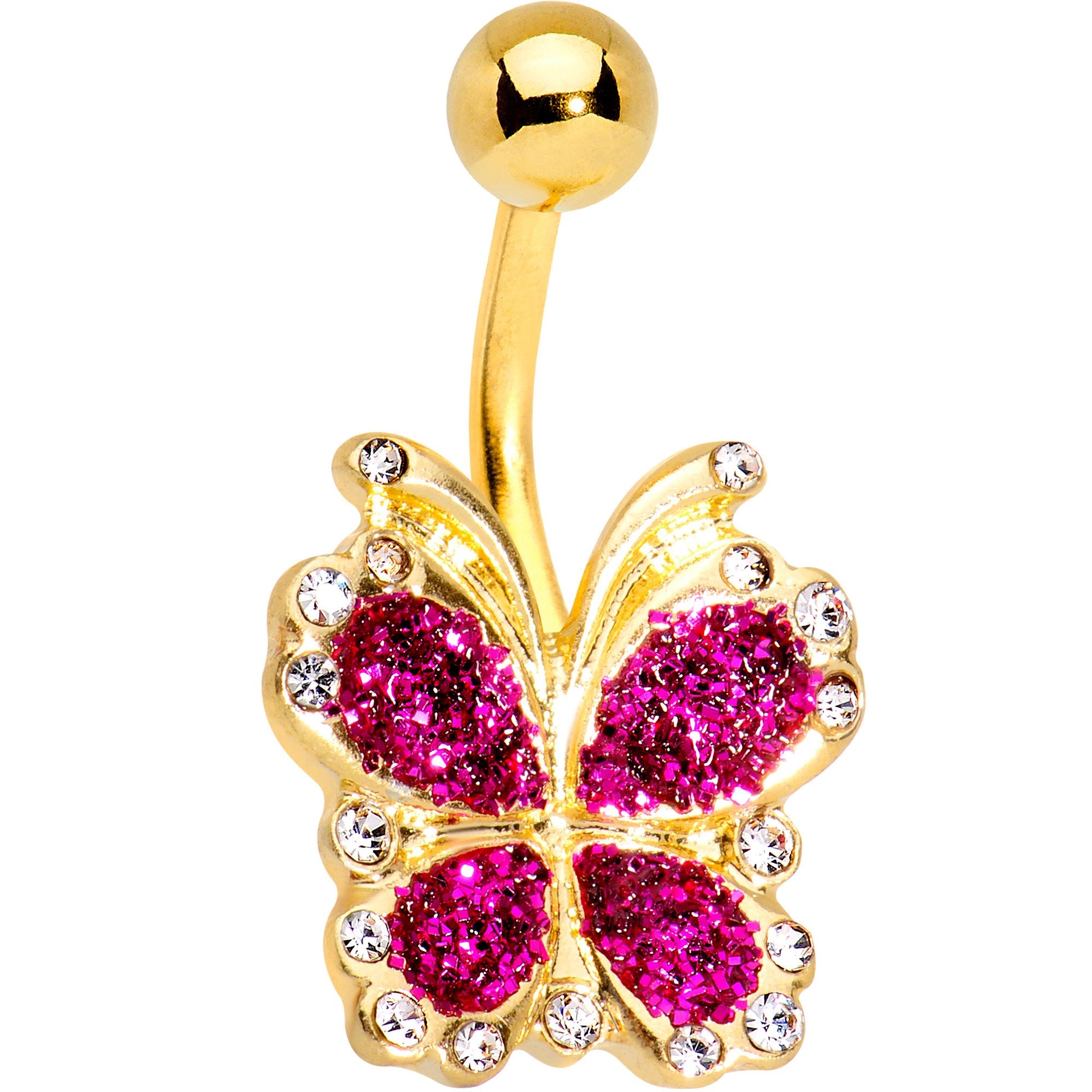 Clear Gem Gold Tone Anodized Pink Sparkle Butterfly Belly Ring