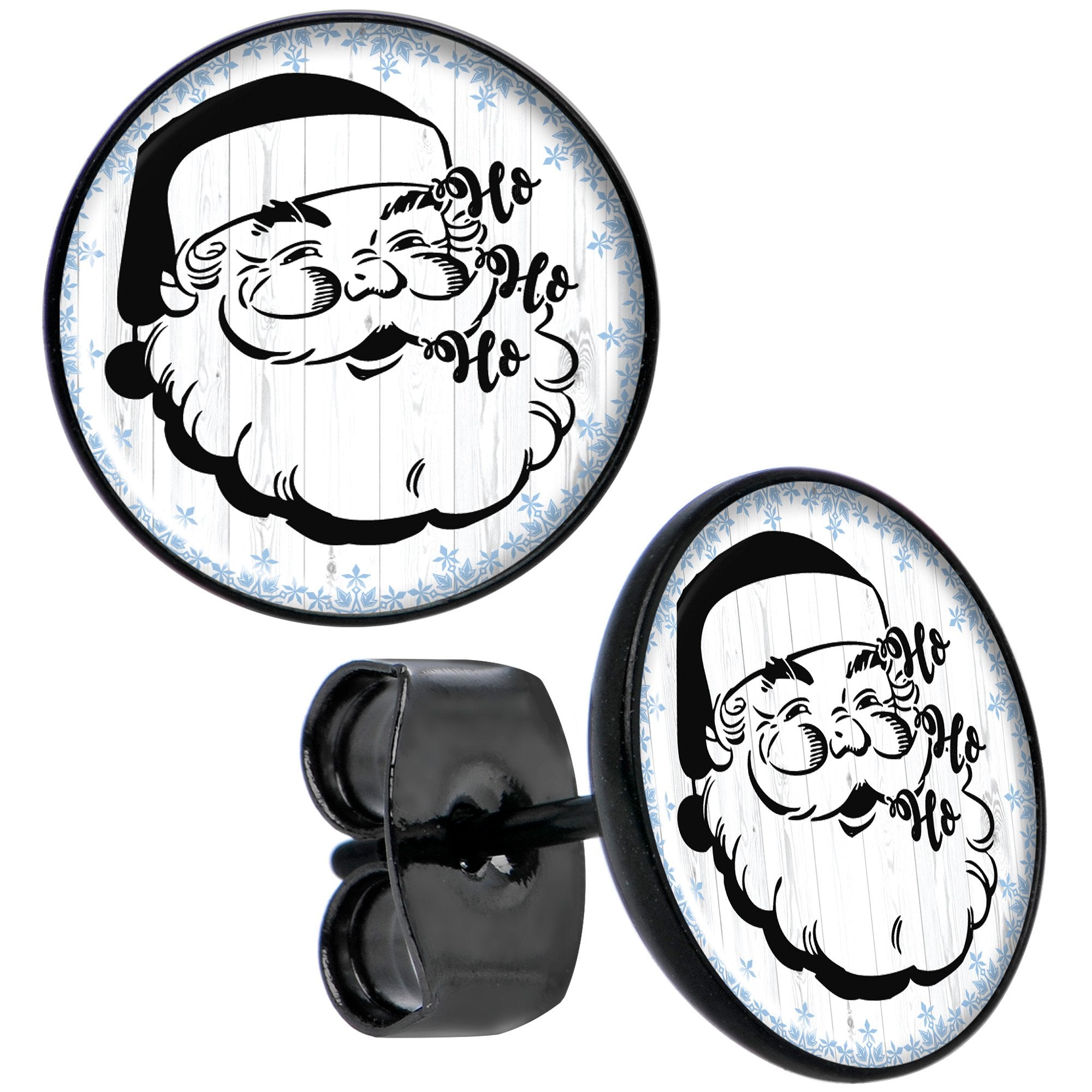 Christmas Retro Santa Ho Ho Ho Black Stud Earrings