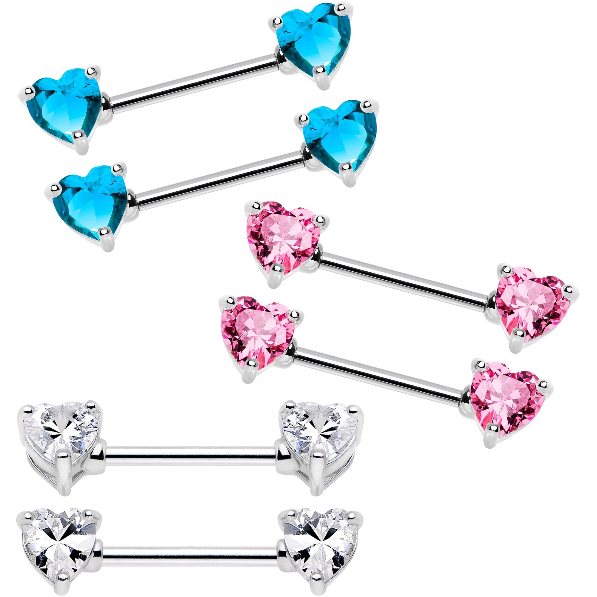 14 Gauge 9/16 Multi Color Heart Gem Barbell Nipple Ring Pack Set of 6