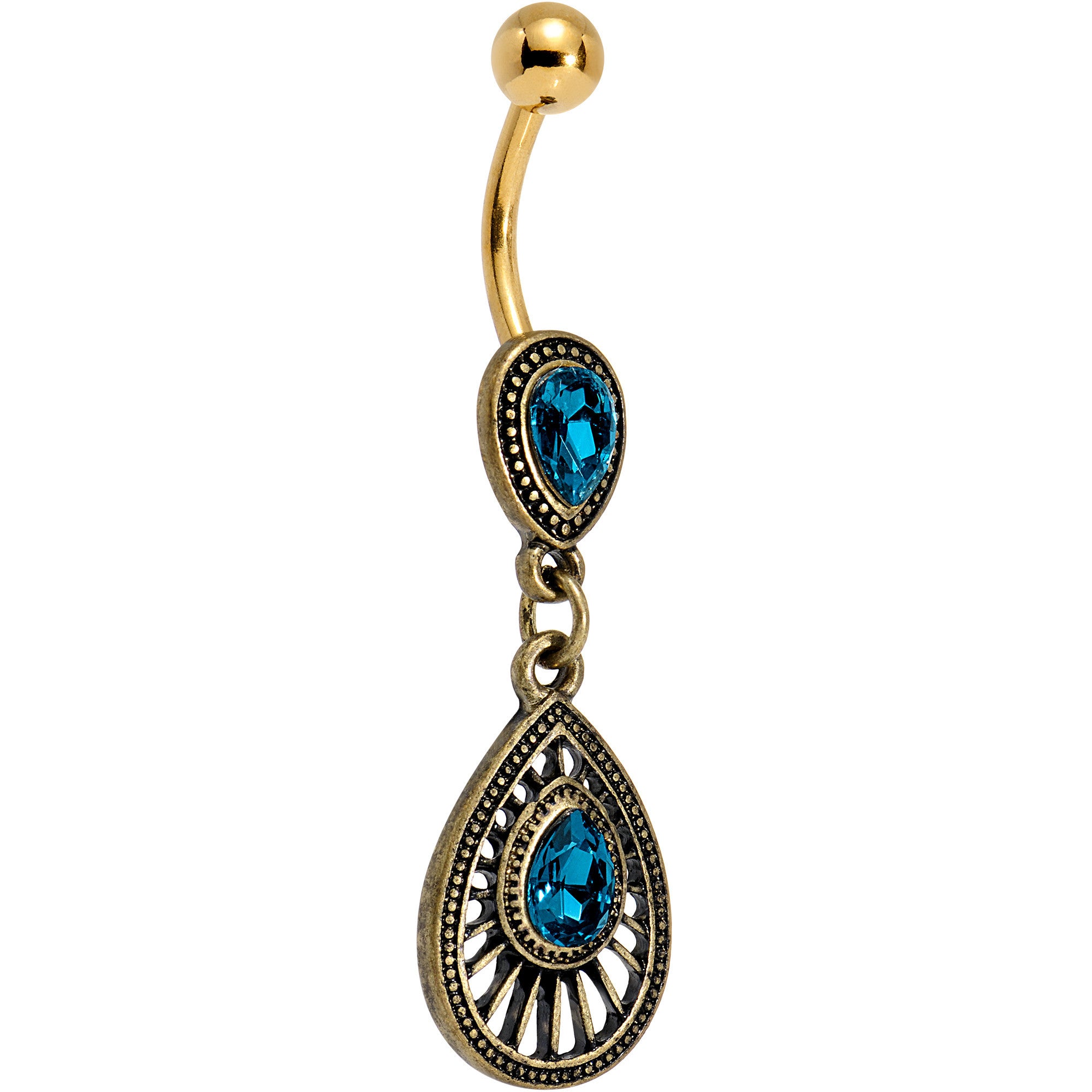 Navy Blue Gem Gold PVD Dewdrop Deco Dangle Belly Ring