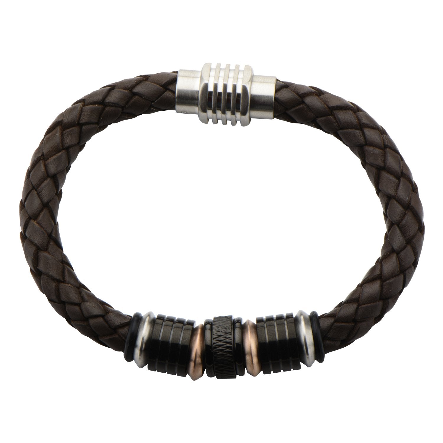 Mens Stainless Steel Beads in Brown Braided Leather 9.5mm Bracelet