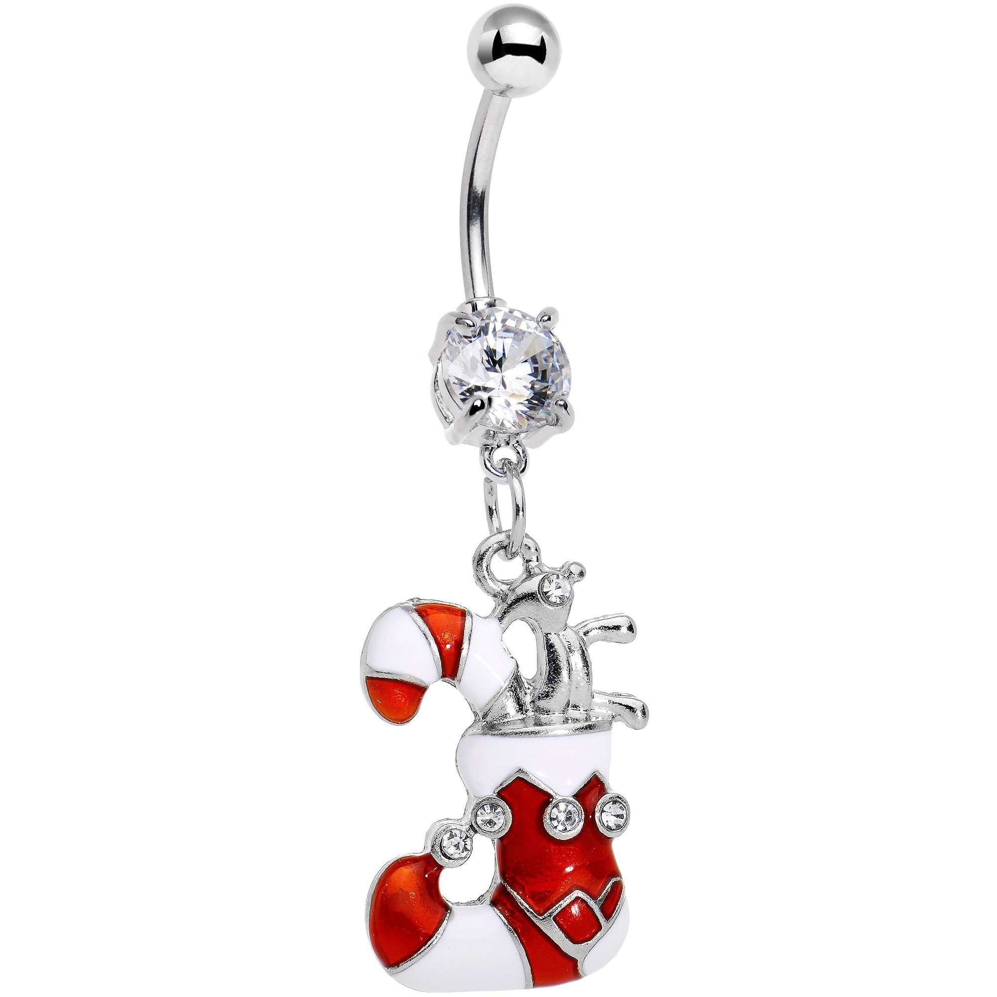 Clear Gem Candy Cane Christmas Stocking Dangle Belly Ring