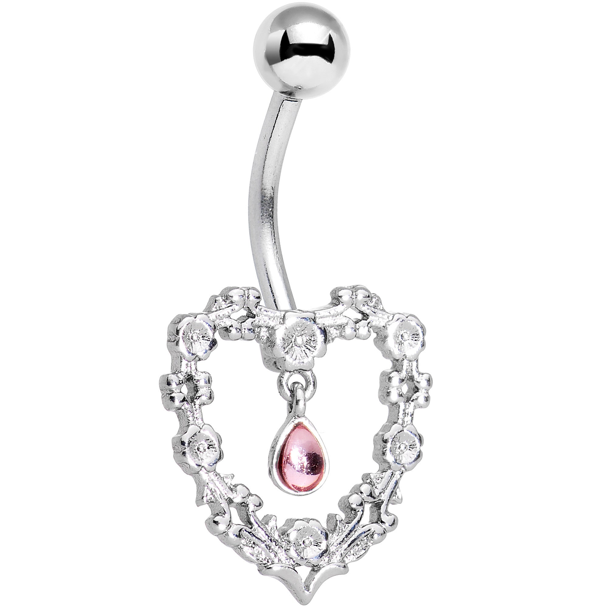 Pink Gem Dangle Floral Heart Belly Ring