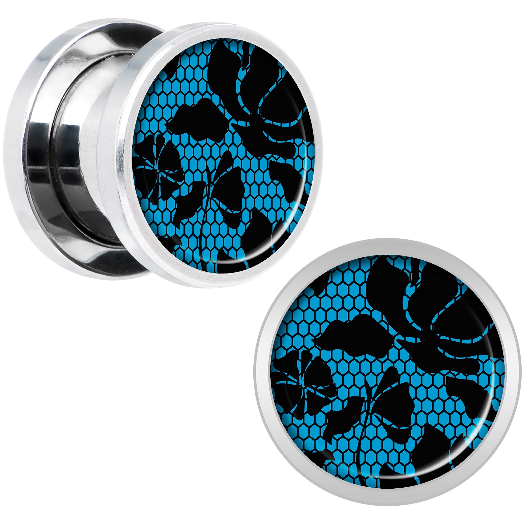 Blue Floral Lace Steel Screw Fit Plug Set 00 Gauge