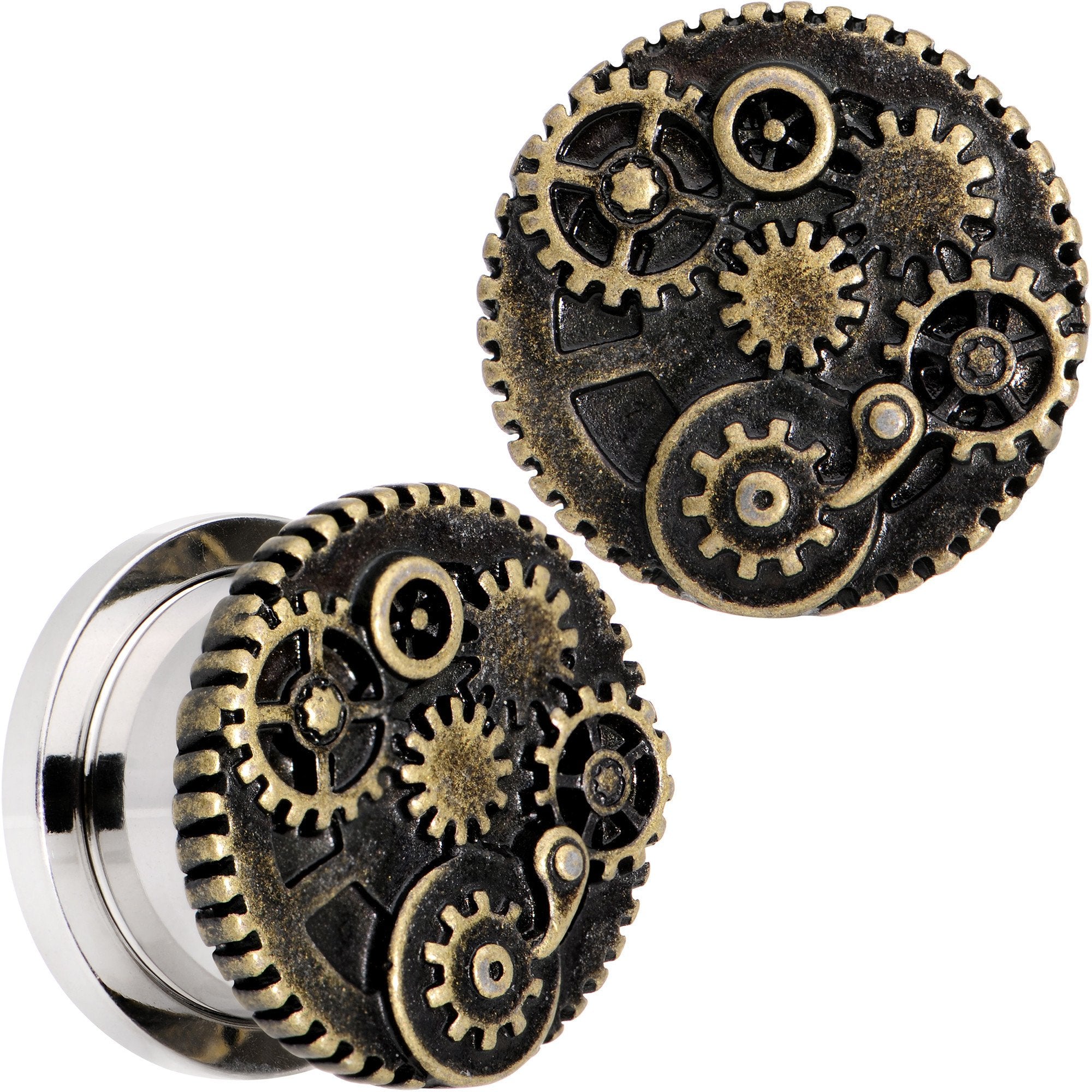 Steampunk Gears and Gizmos Screw Fit Tunnel Plug Set 2 Gauge to 1 Inch