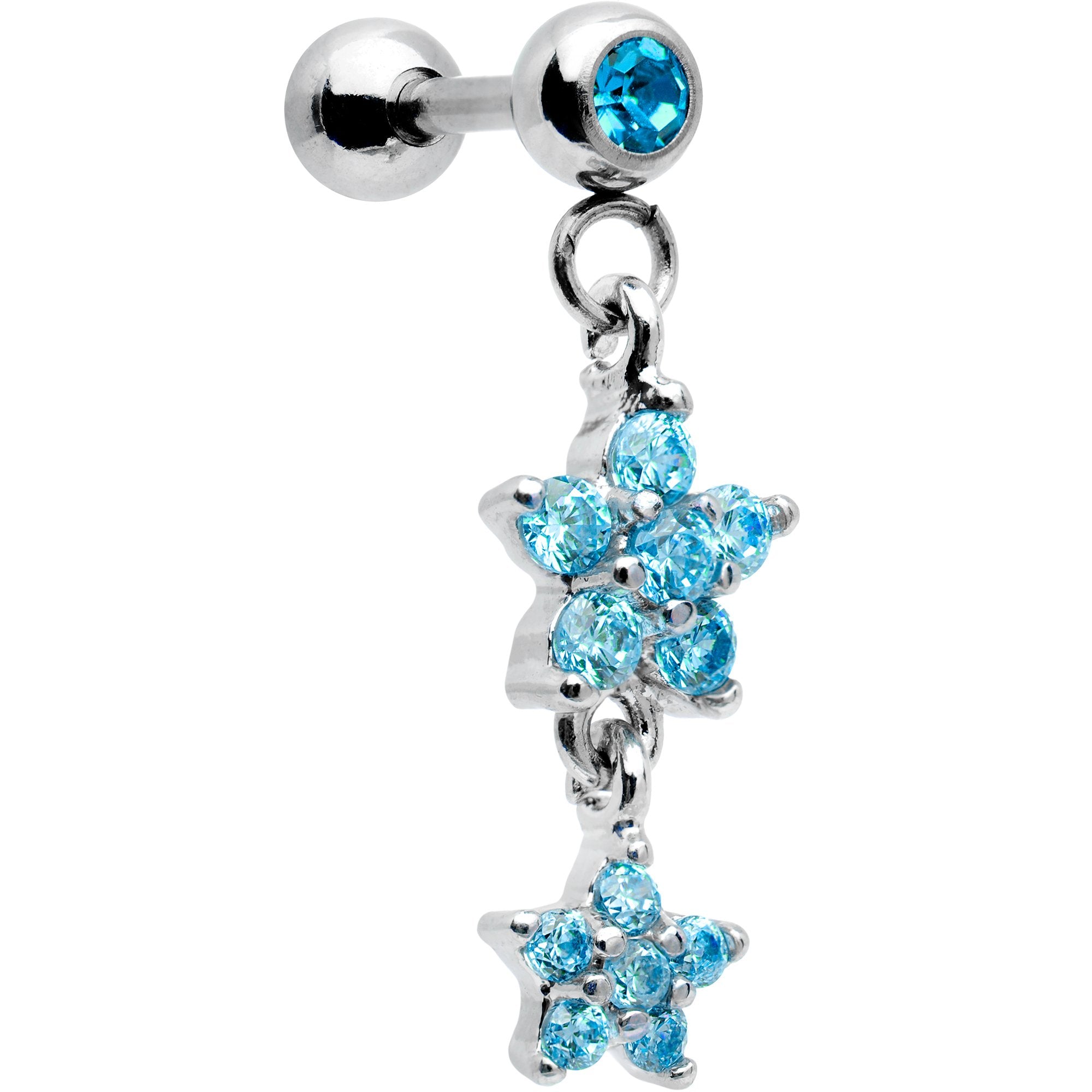 16 Gauge 1/4 Aqua Gem Double Star Dangle Cartilage Tragus Earring