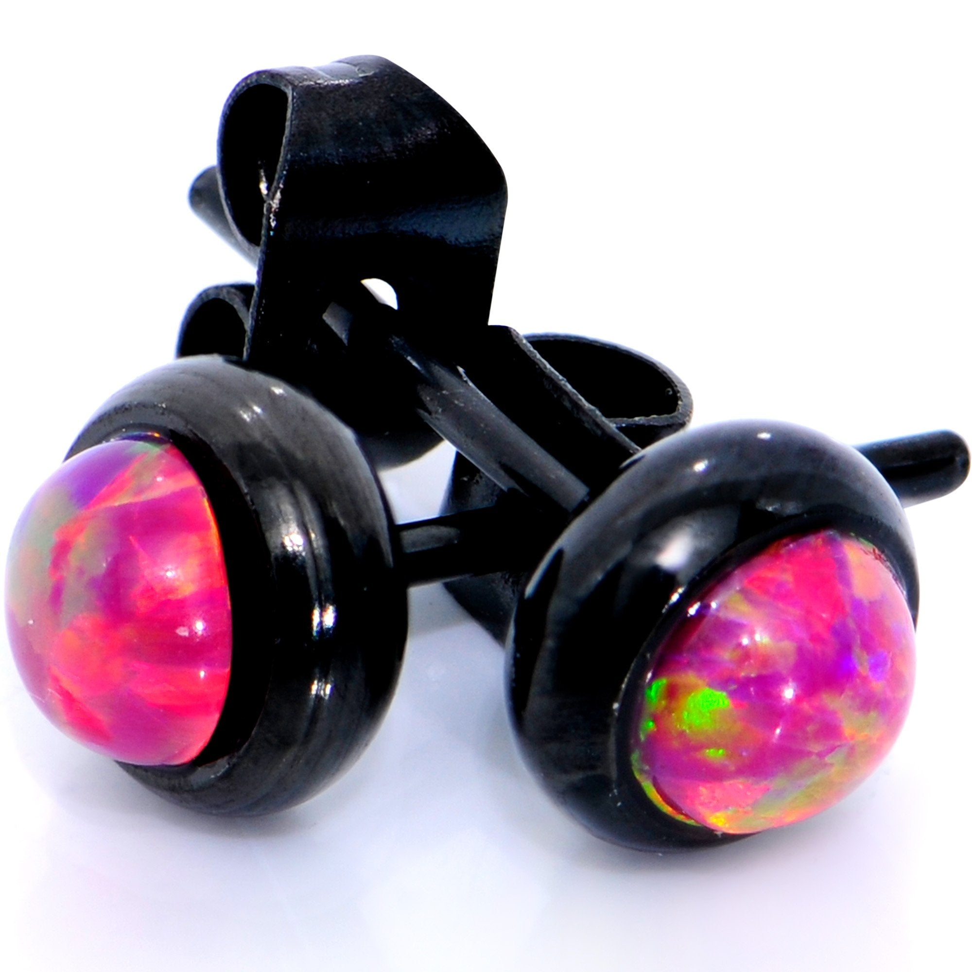 Red Synthetic Opal Black IP 316L Surgical Steel Stud Earrings