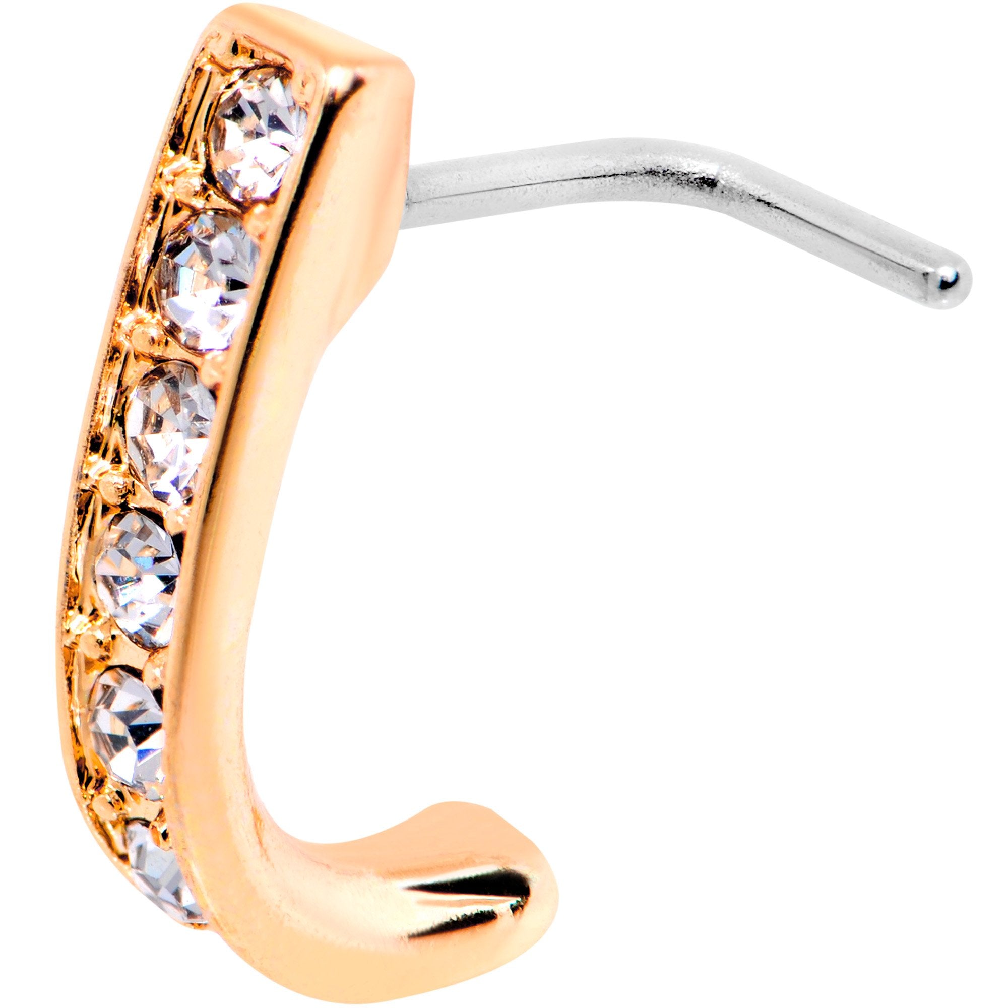 20 Gauge Clear CZ Sleek Rose Gold Tone Faux Hoop L Shaped Nose Ring