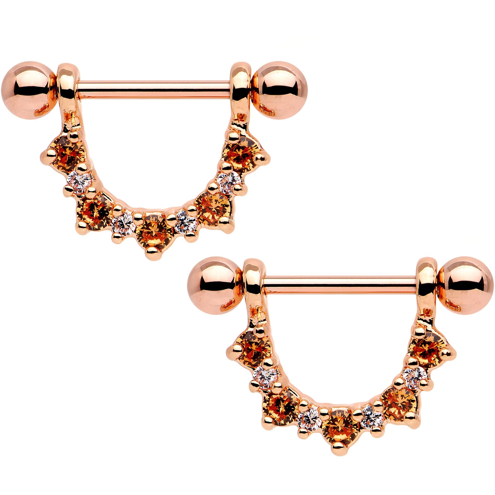 9/16 Orange Gem Rose Gold Tone Anodized Arc Dangle Nipple Ring Set