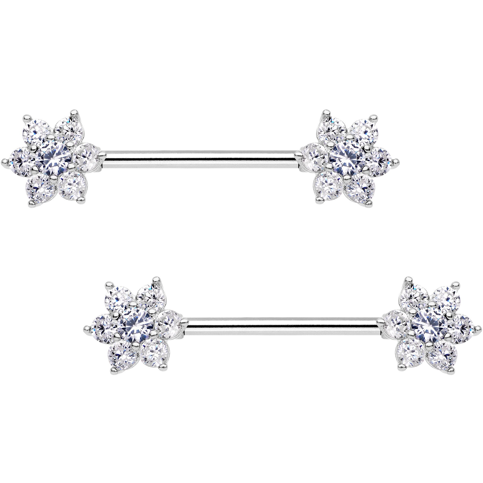 9/16 Clear CZ Gem Shimmering Flower Petal Barbell Nipple Ring Set