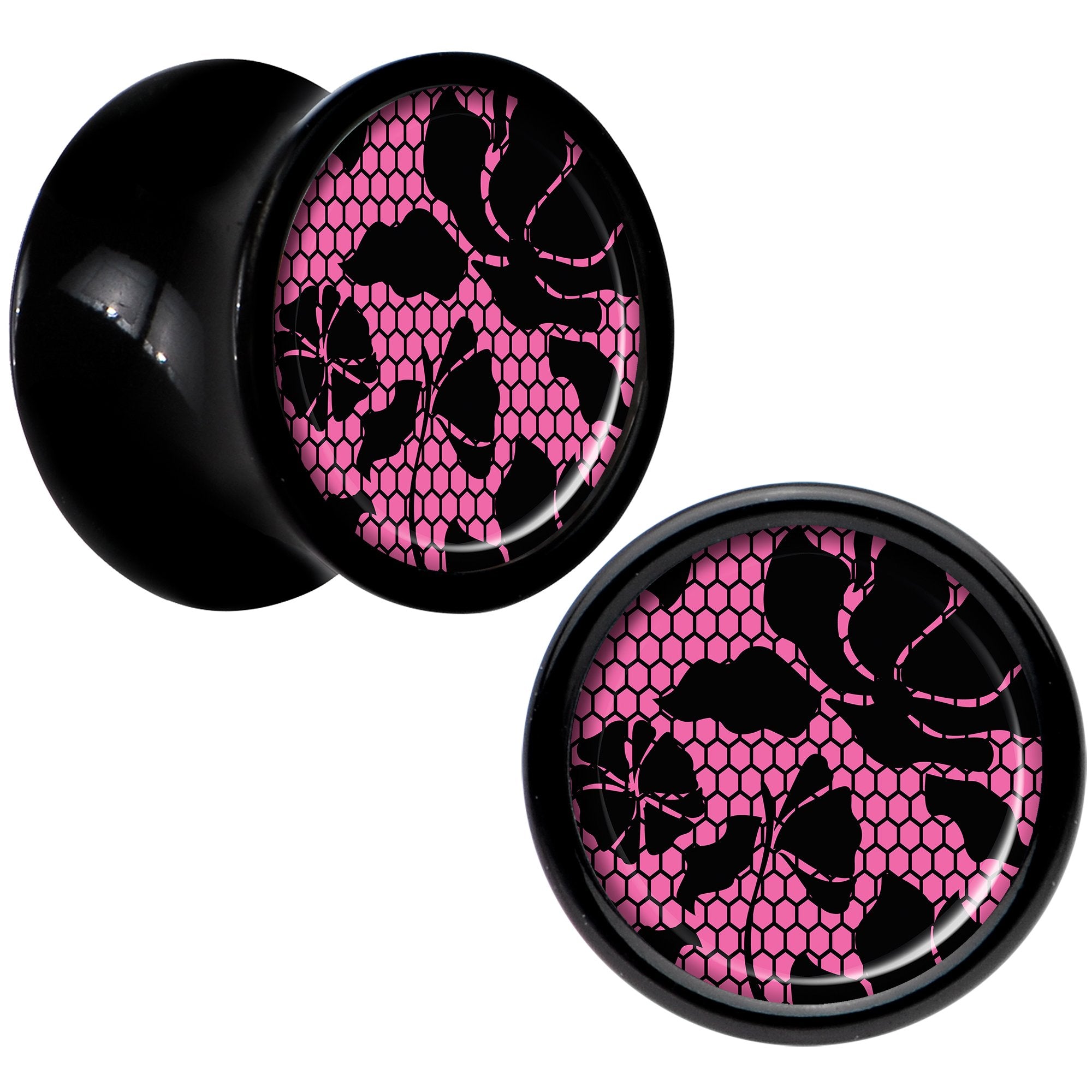 Black Acrylic Pink Floral Lace Saddle Plug Set 0 Gauge