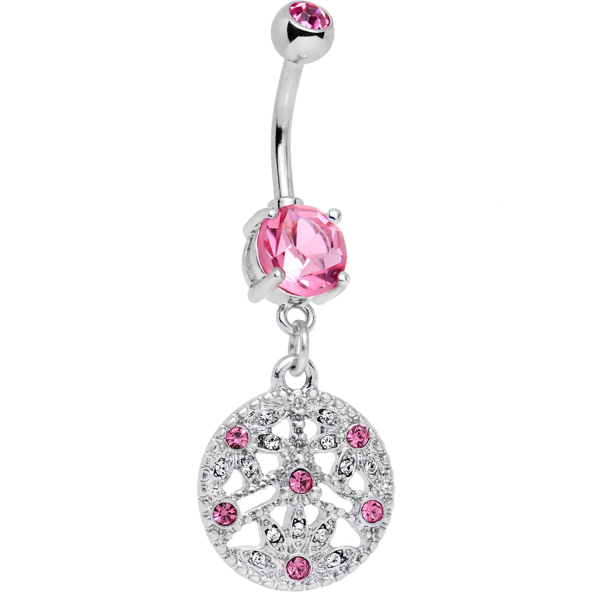 Pink CZ Gem Baroque Beauty Disc Dangle Belly Ring