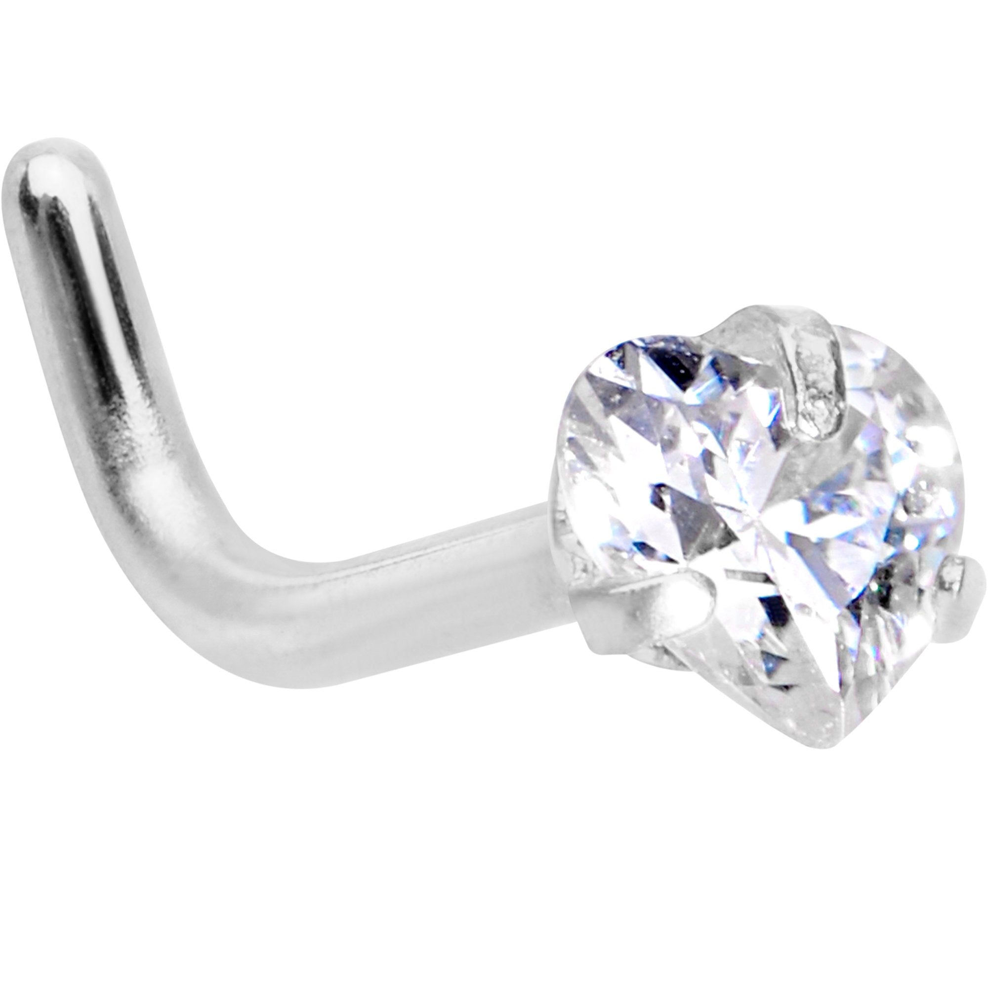 18 Gauge 1/4 Clear Heart 3mm CZ Gem Steel L-Shape Nose Ring