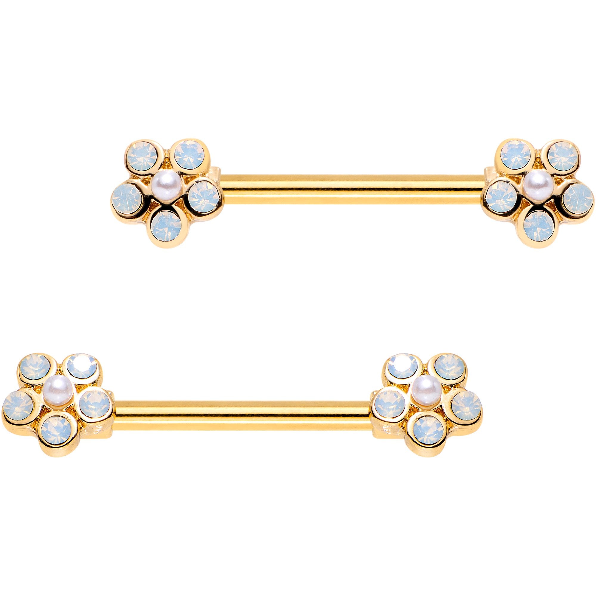 9/16 White Faux Opal Gold Plated Flower Barbell Nipple Ring Set