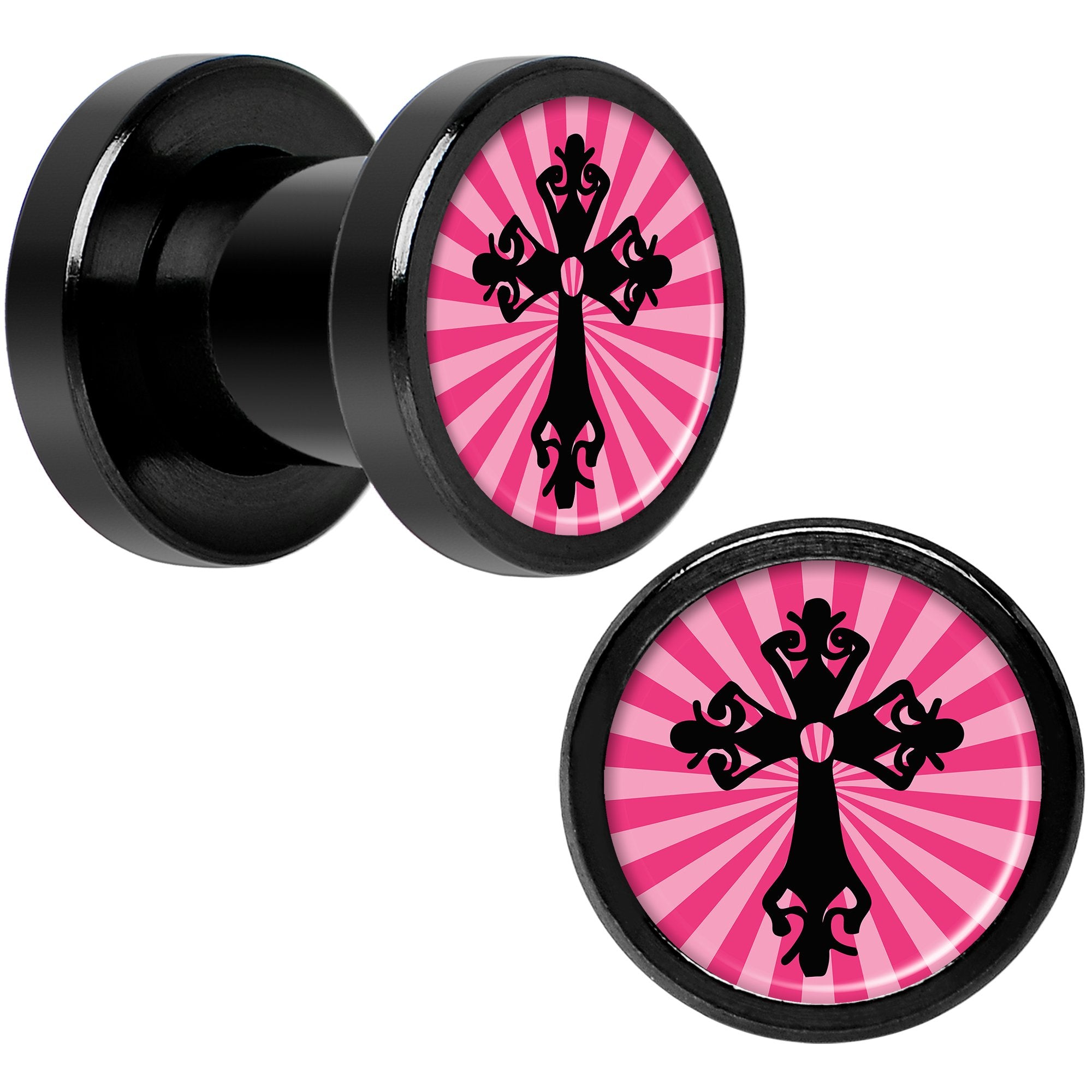 Pink Black Radiant Cross Black Anodized Screw Fit Plug Set 2 Gauge