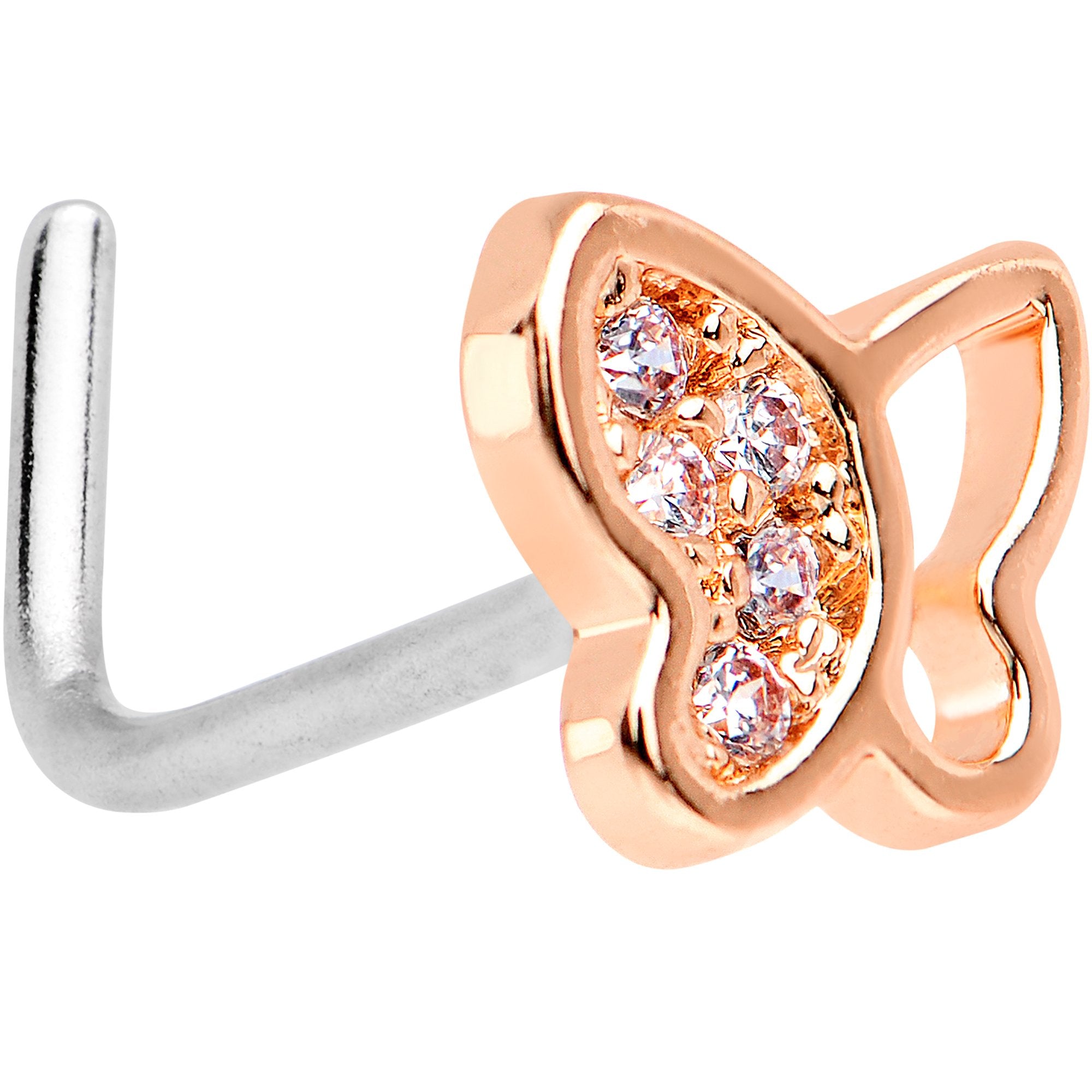 20 Gauge 1/4 Clear CZ Gem Rose Gold Tone Butterfly L Shaped Nose Ring