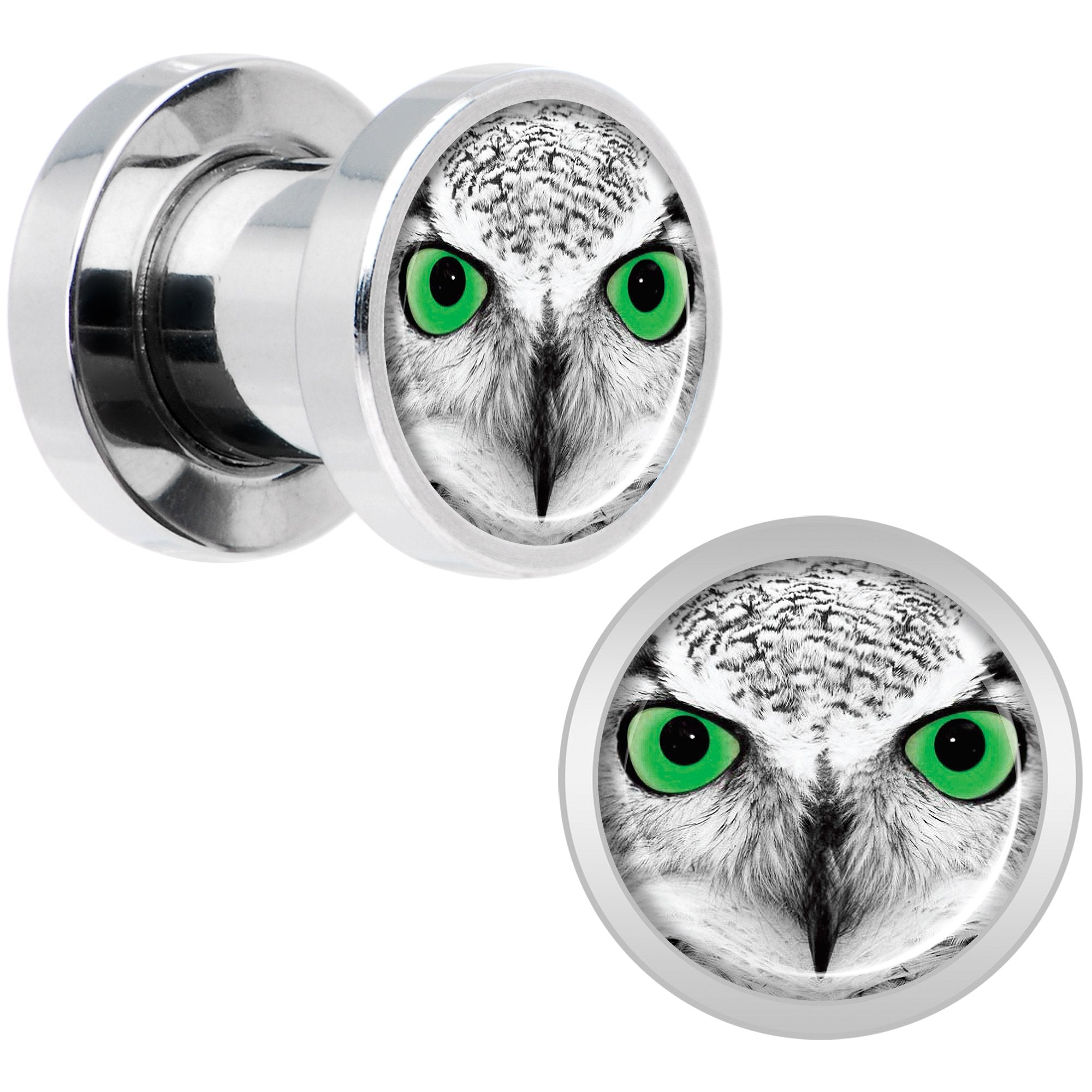 Black White Owl Steel Screw Fit Plug Set 2 Gauge