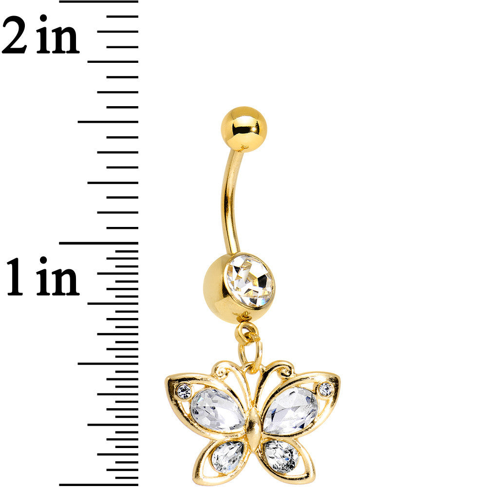 Clear Gem Gold PVD Burst of Color Butterfly Dangle Belly Ring