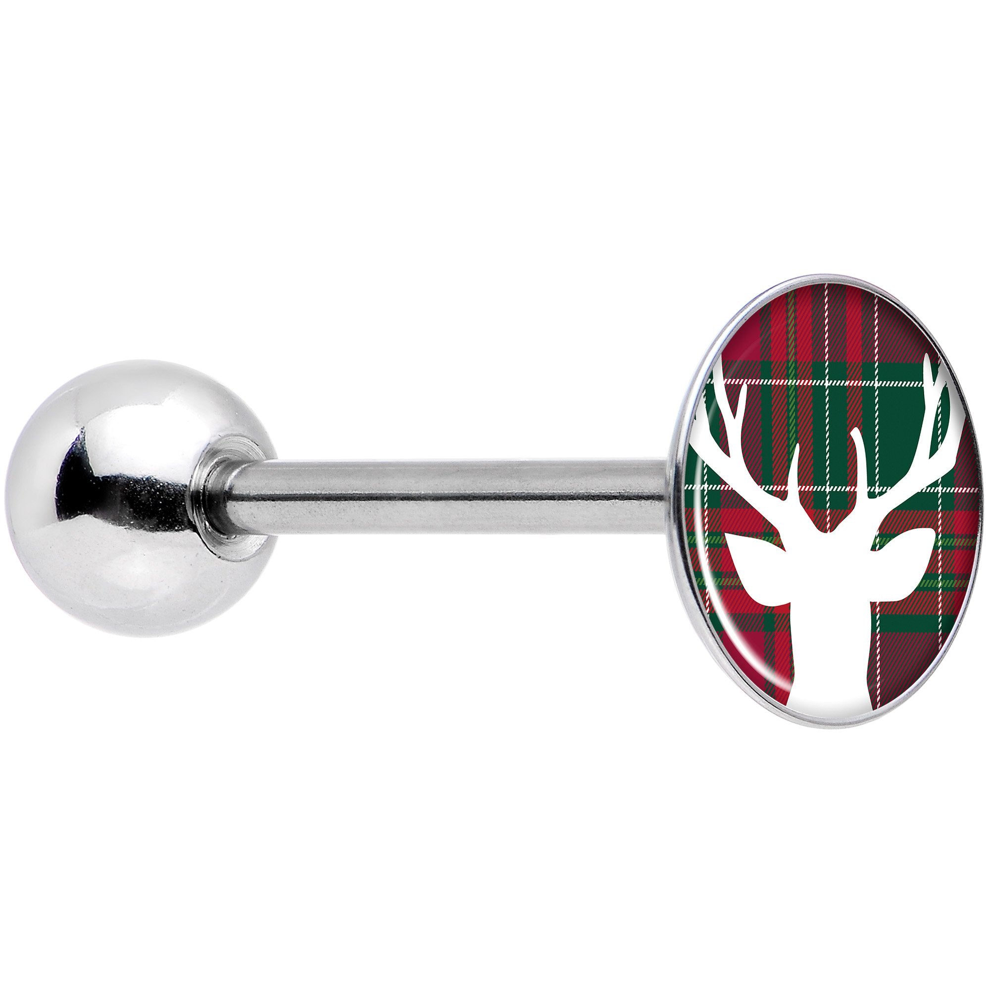 Red Green Plaid Reindeer Barbell Tongue Ring