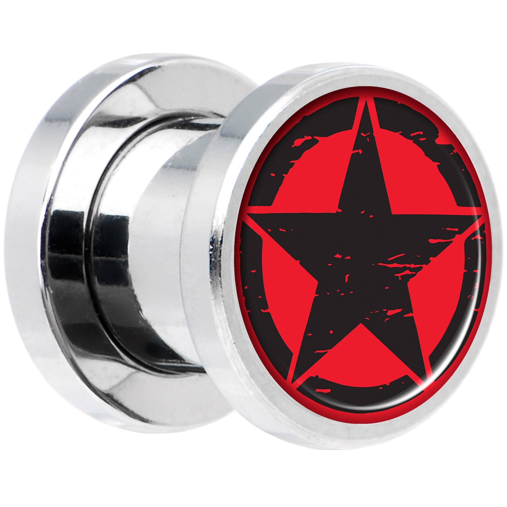 Black Red Distressed Star Steel Screw Fit Plug Set 0 Gauge