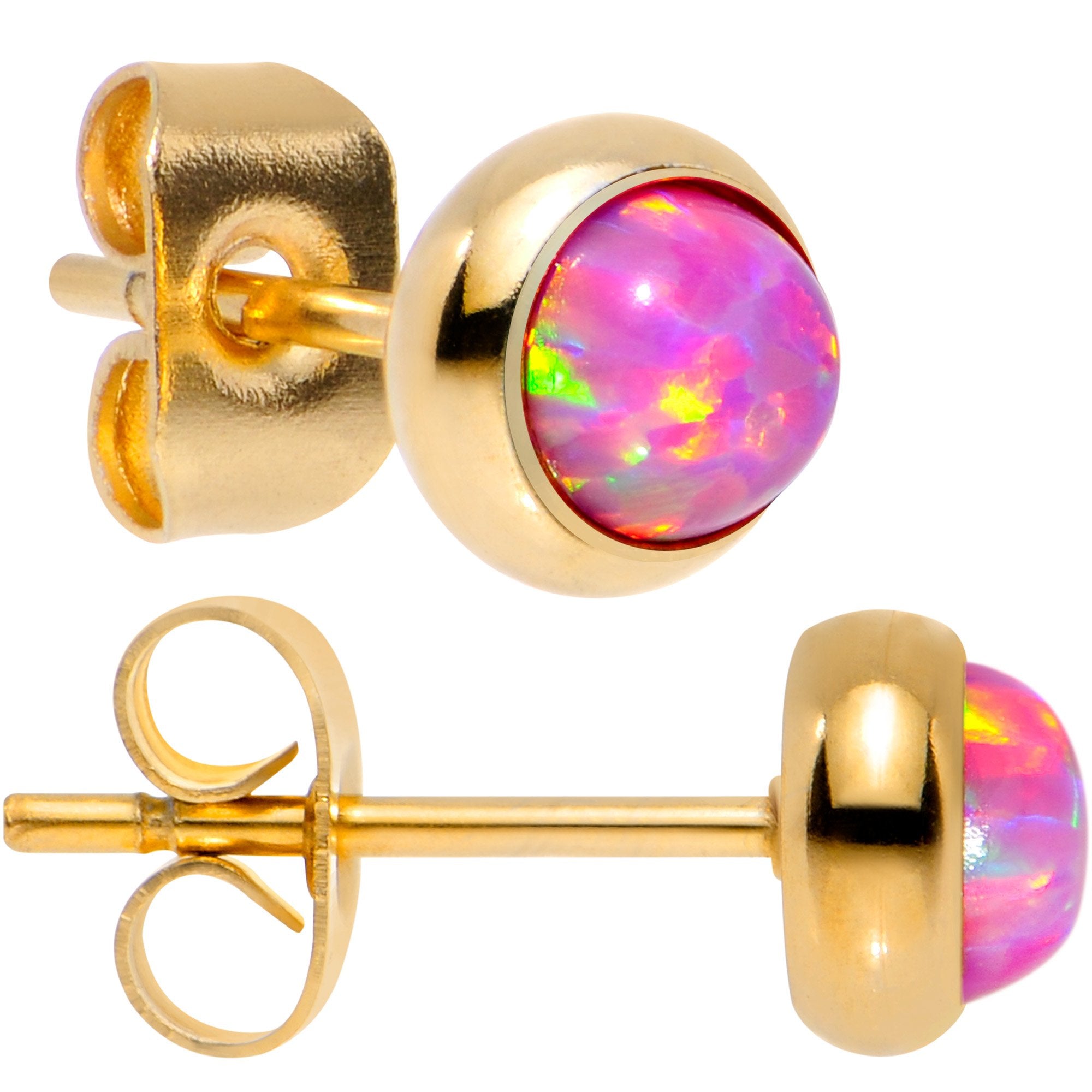 Pink Synthetic Opal Gold IP 316L Surgical Steel Stud Earrings