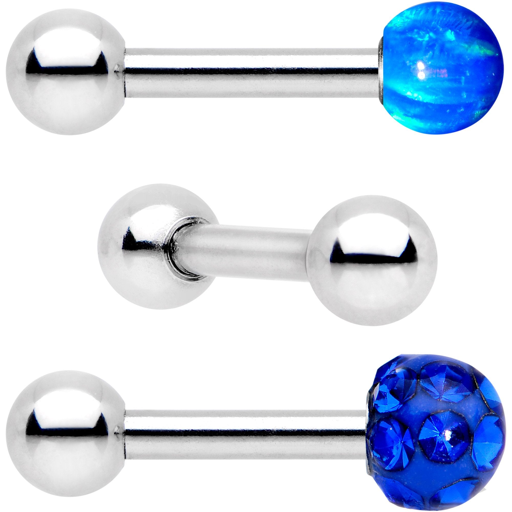 16 Gauge 1/4 Blue Faux Opal Ball Cartilage Tragus Earring 3 Pack Set