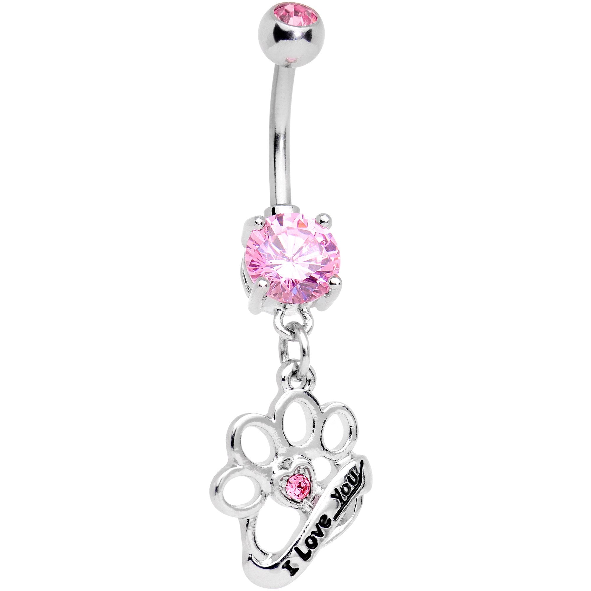 Pink Gem I Love You Brass Knuckles Dangle Belly Ring