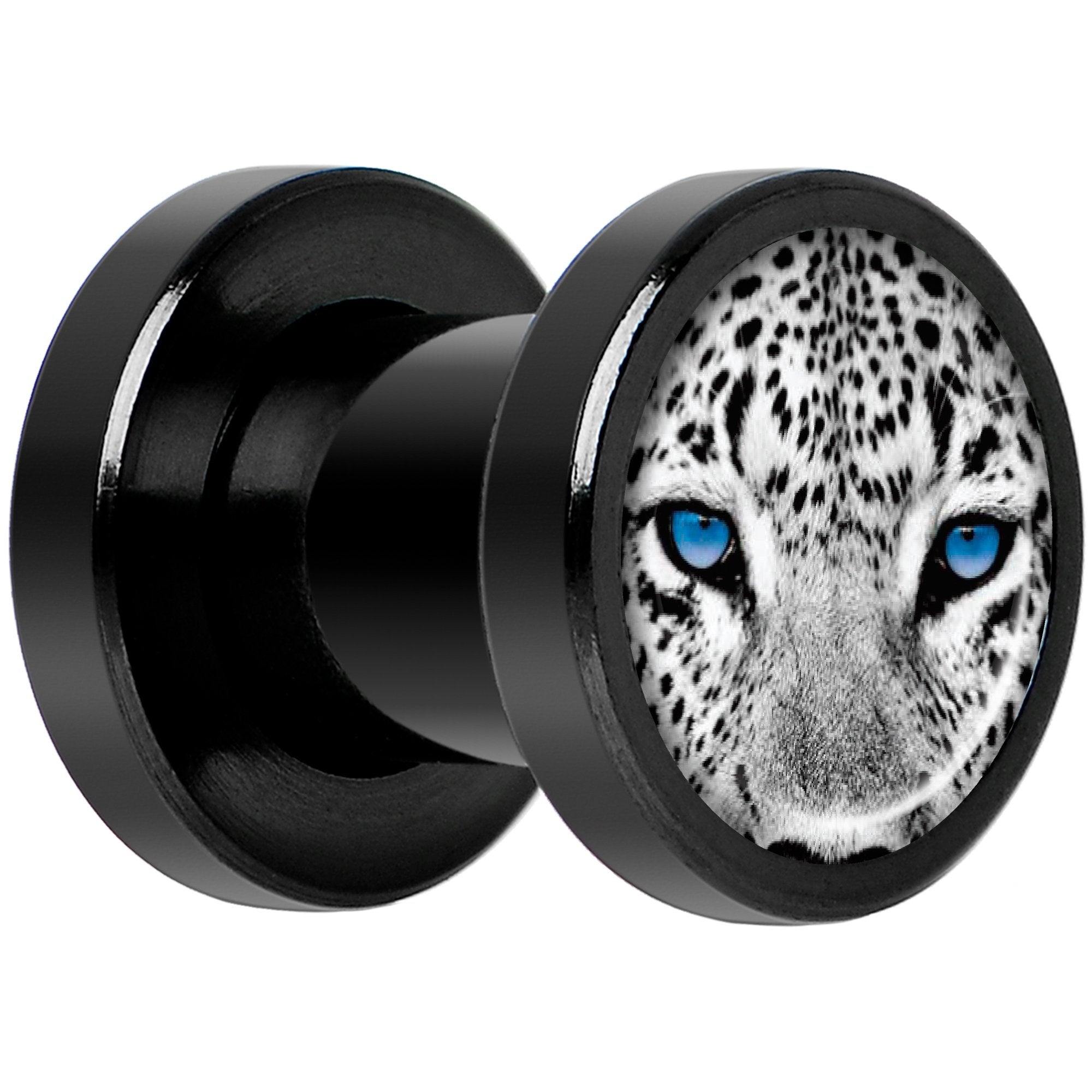 Black White Leopard Eyes Black Anodized Screw Fit Plug Set 2 Gauge