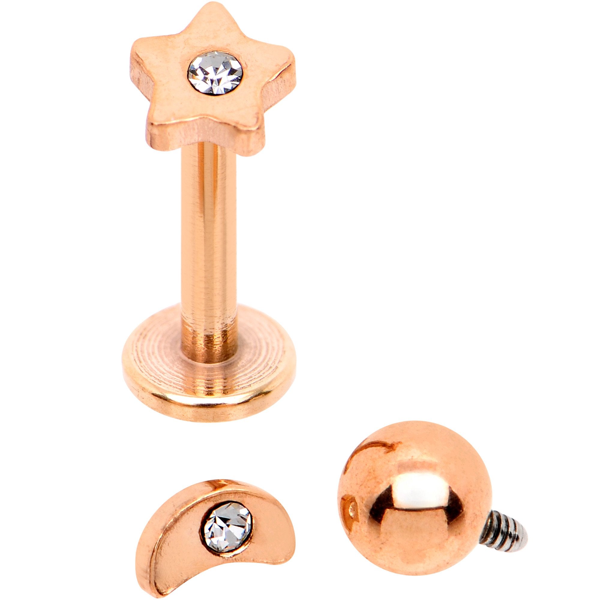 Clear CZ Rose Gold PVD Star Internally Threaded Labret Set of 3 Ends