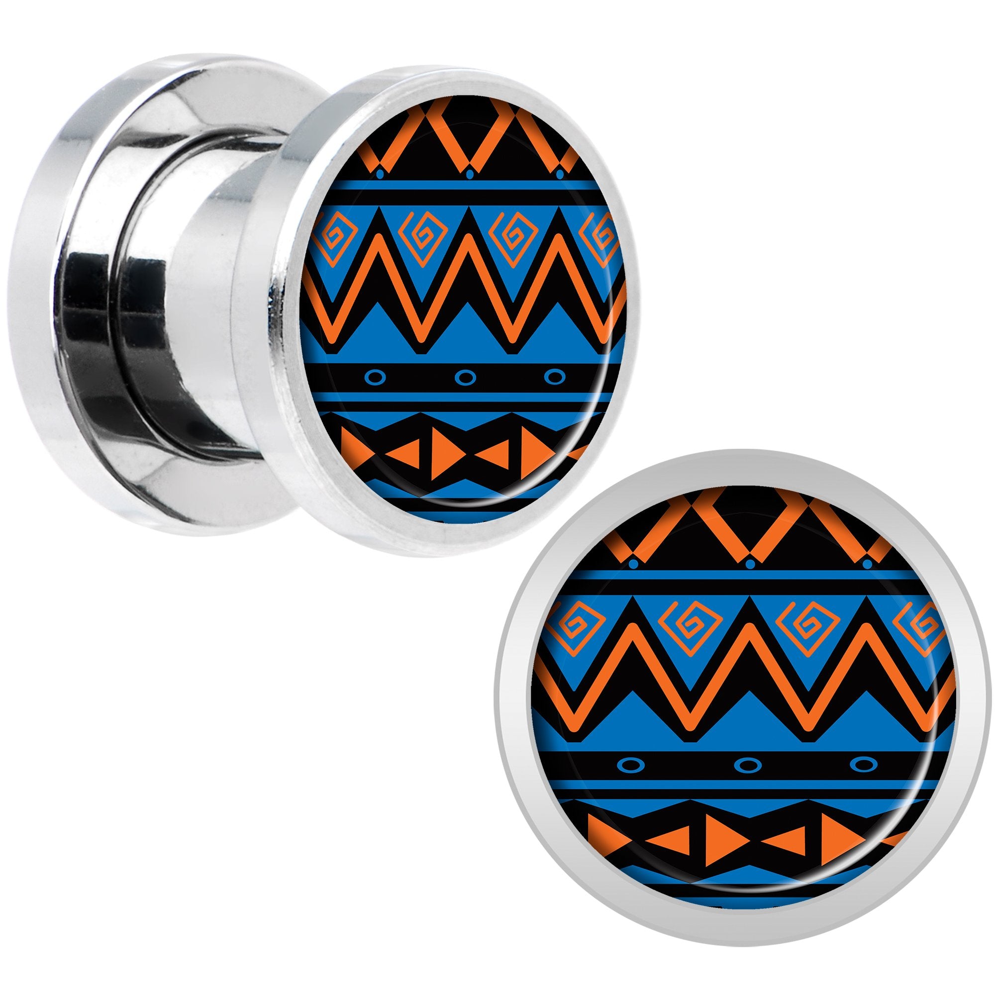 Blue Orange Tribal Print Steel Screw Fit Plug Set 0 Gauge