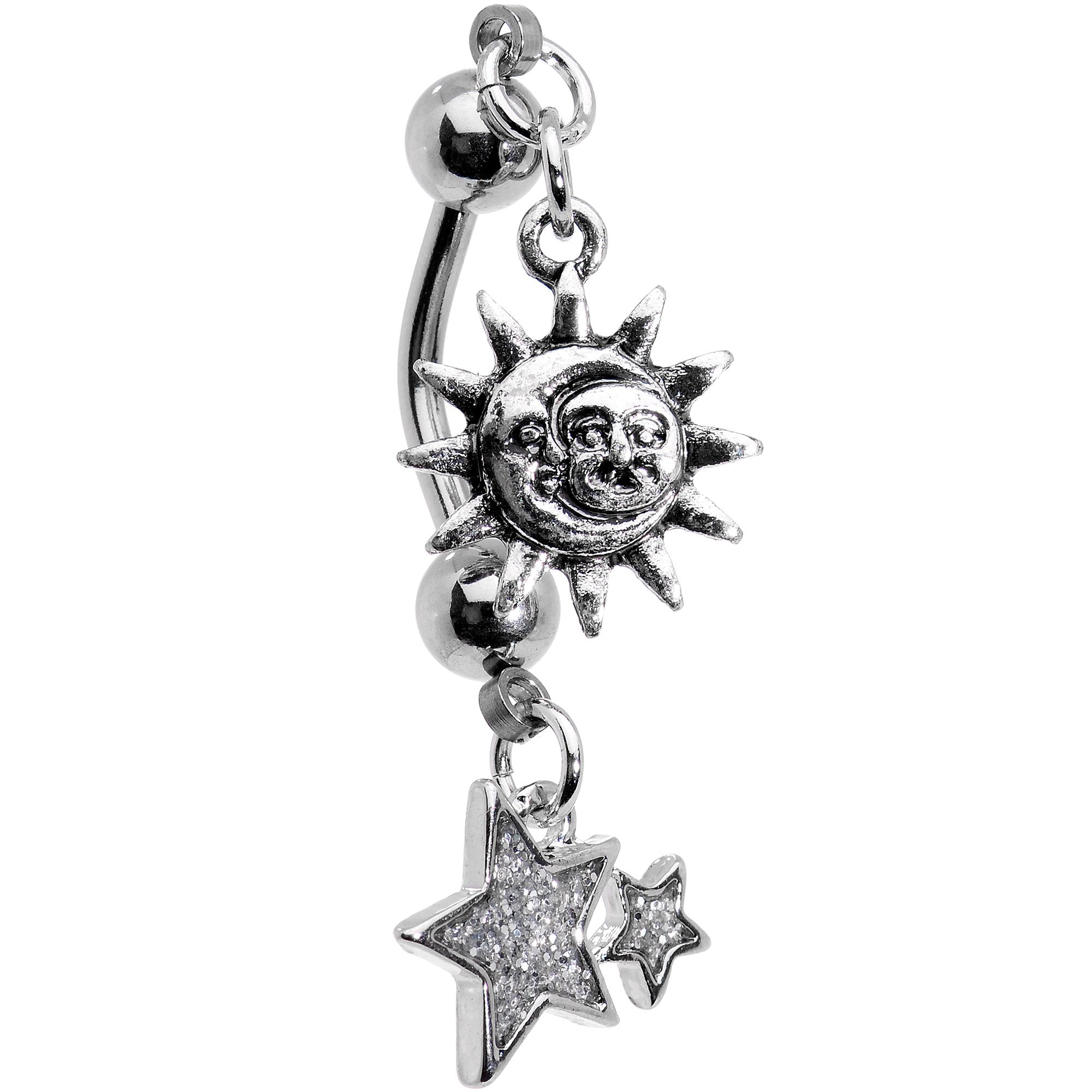 Clear Gem Sun Moon Star Double Mount Dangle Belly Ring